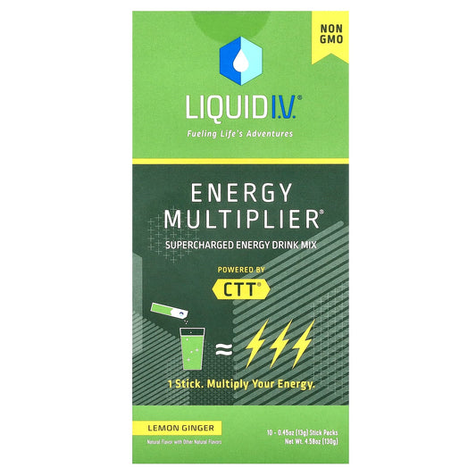 Liquid I.V., Energy Multiplier, Supercharged Energy Drink Mix, Lemon Ginger, 10 Stick Packs, 0.45 oz (13 g) Each - Image 1