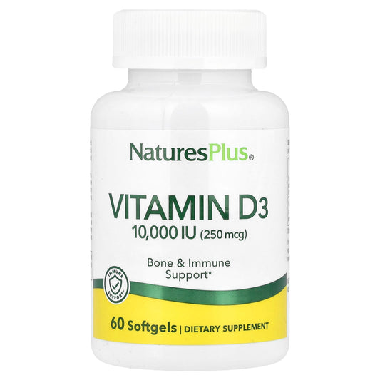 NaturesPlus, Vitamin D3, 250 mcg (10,000 IU), 60 Softgels - Image 1