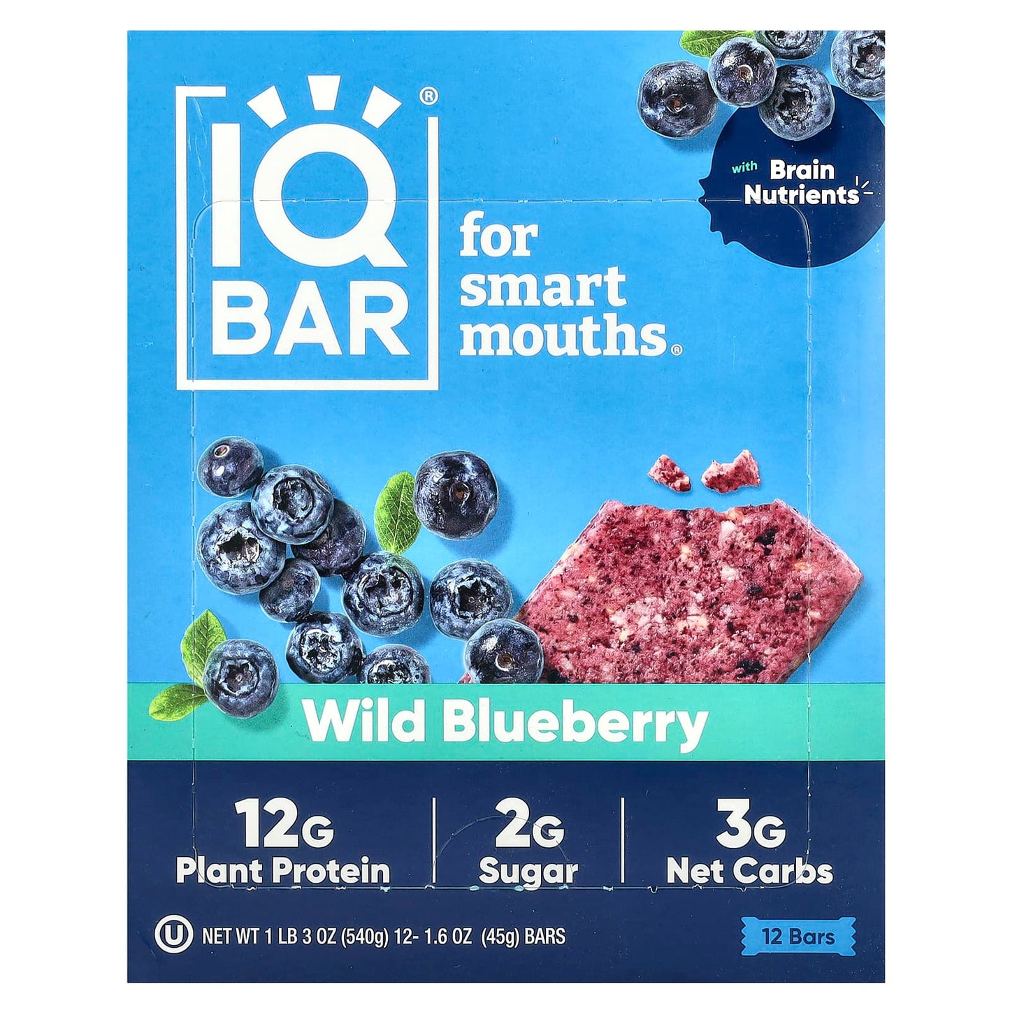 Wild Blueberry Plant-Based Protein Bars by IQBAR (12 Pack, 1.6 oz each) - Image 1