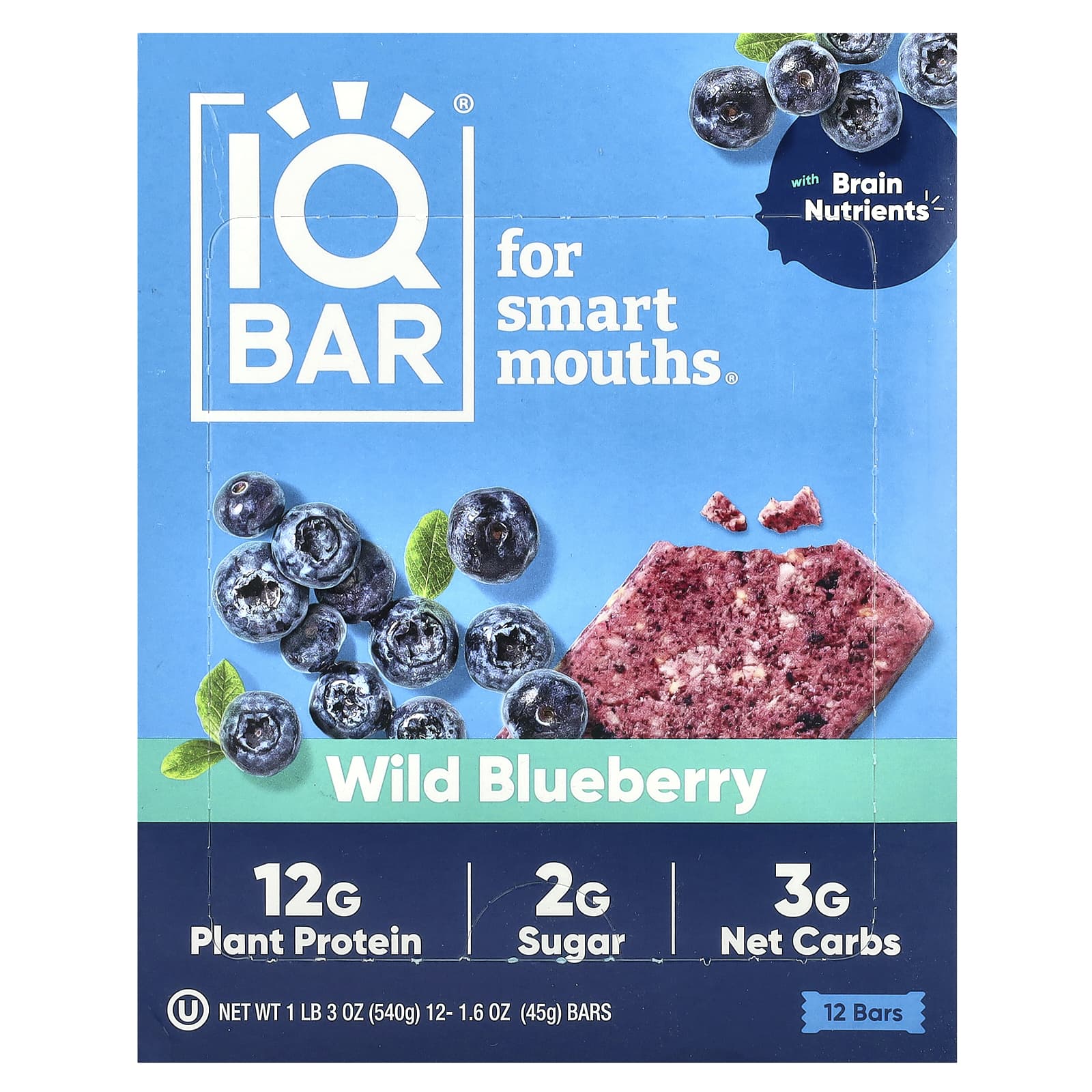 Wild Blueberry Plant-Based Protein Bars by IQBAR (12 Pack, 1.6 oz each) - Image 1