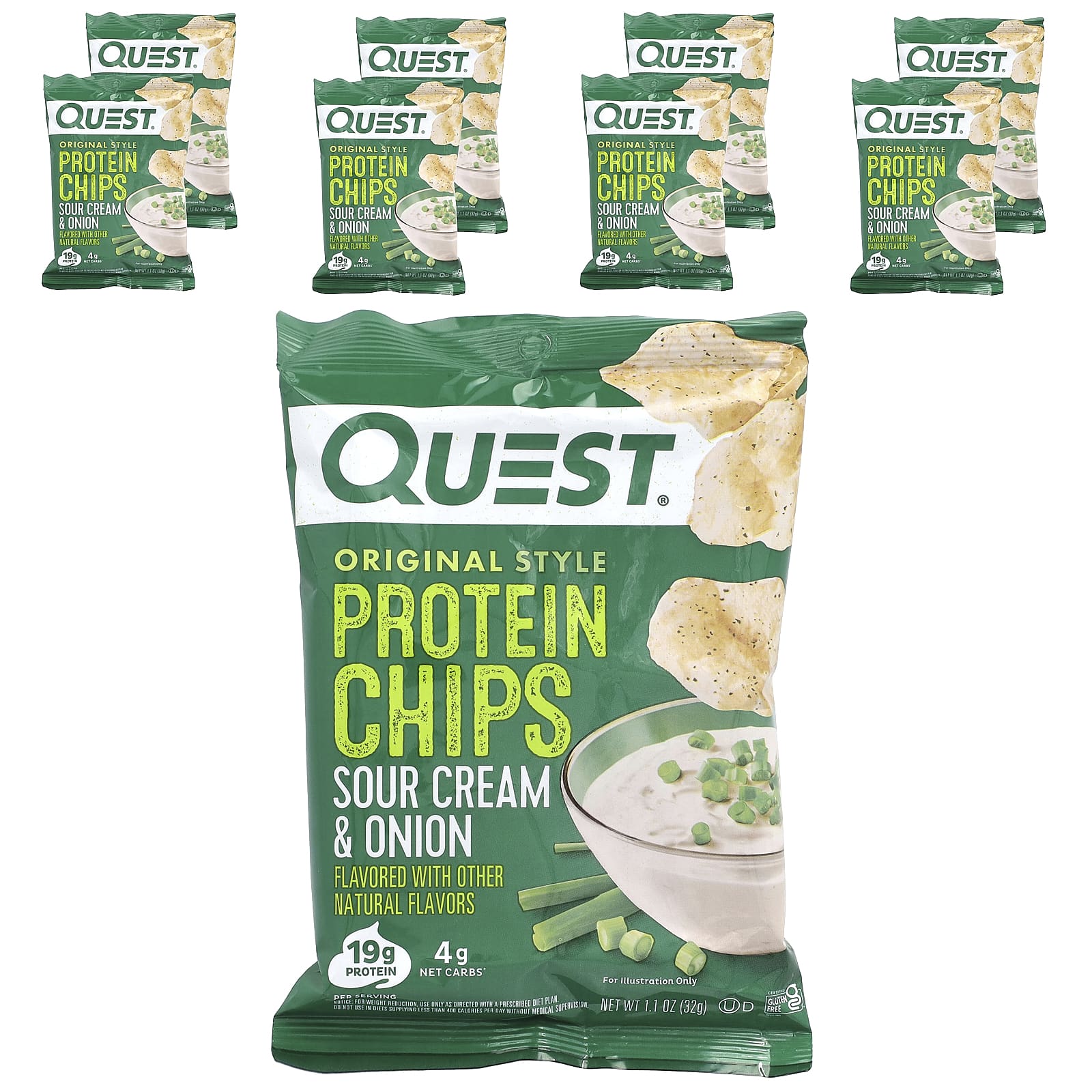 Quest Nutrition, Original Style Protein Chips, Sour Cream & Onion, 8 Bags, 1.1 oz (32 g) Each - Image 1