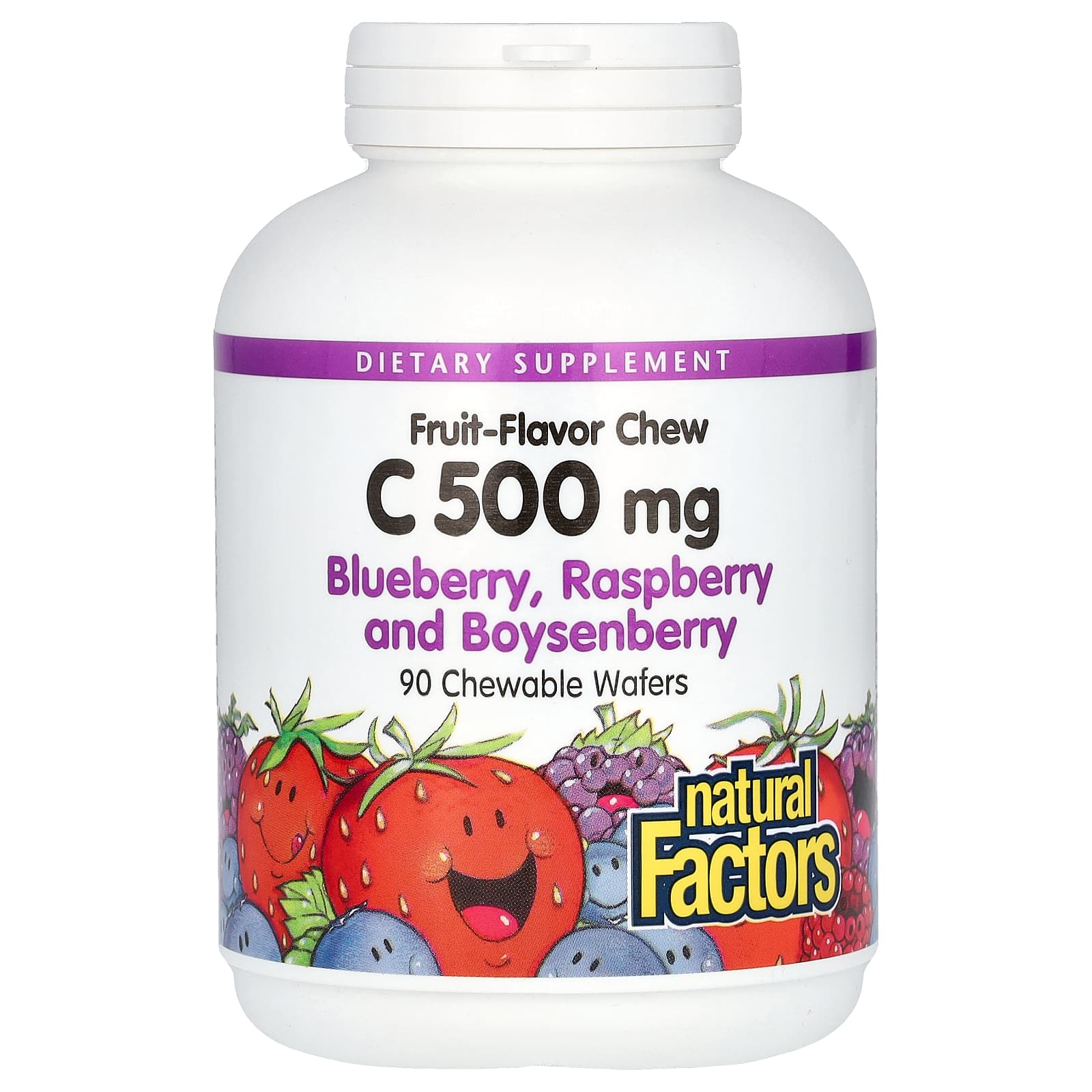 Natural Factors, Vitamin C Fruit-Flavor Chew, Blueberry, Raspberry and Boysenberry, 500 mg, 90 Chewable Wafers - Image 1