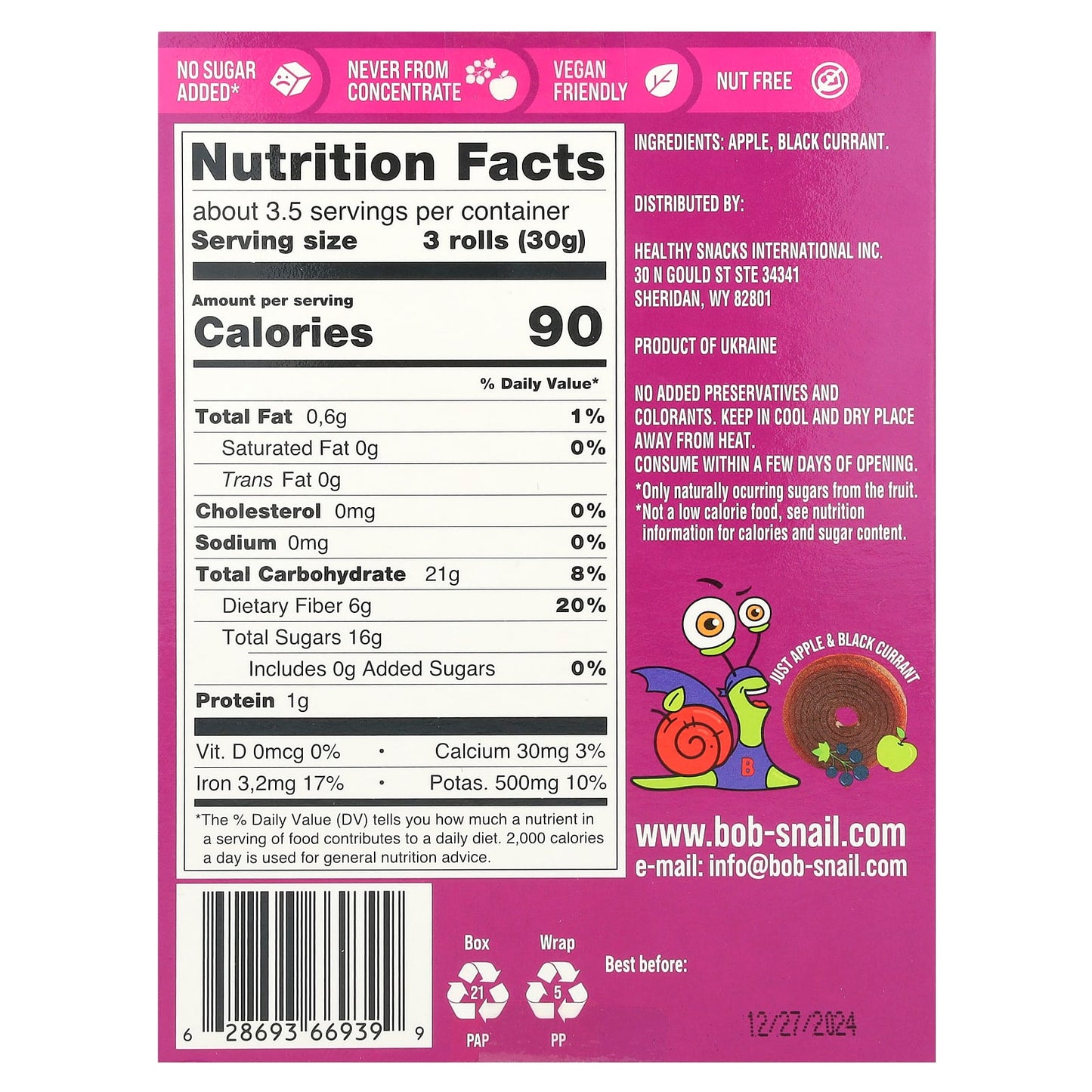 Bob Snail Apple-Black Currant Fruit Rolls, 10x 0.35 oz, Vegan & Non-GMO - Image 2