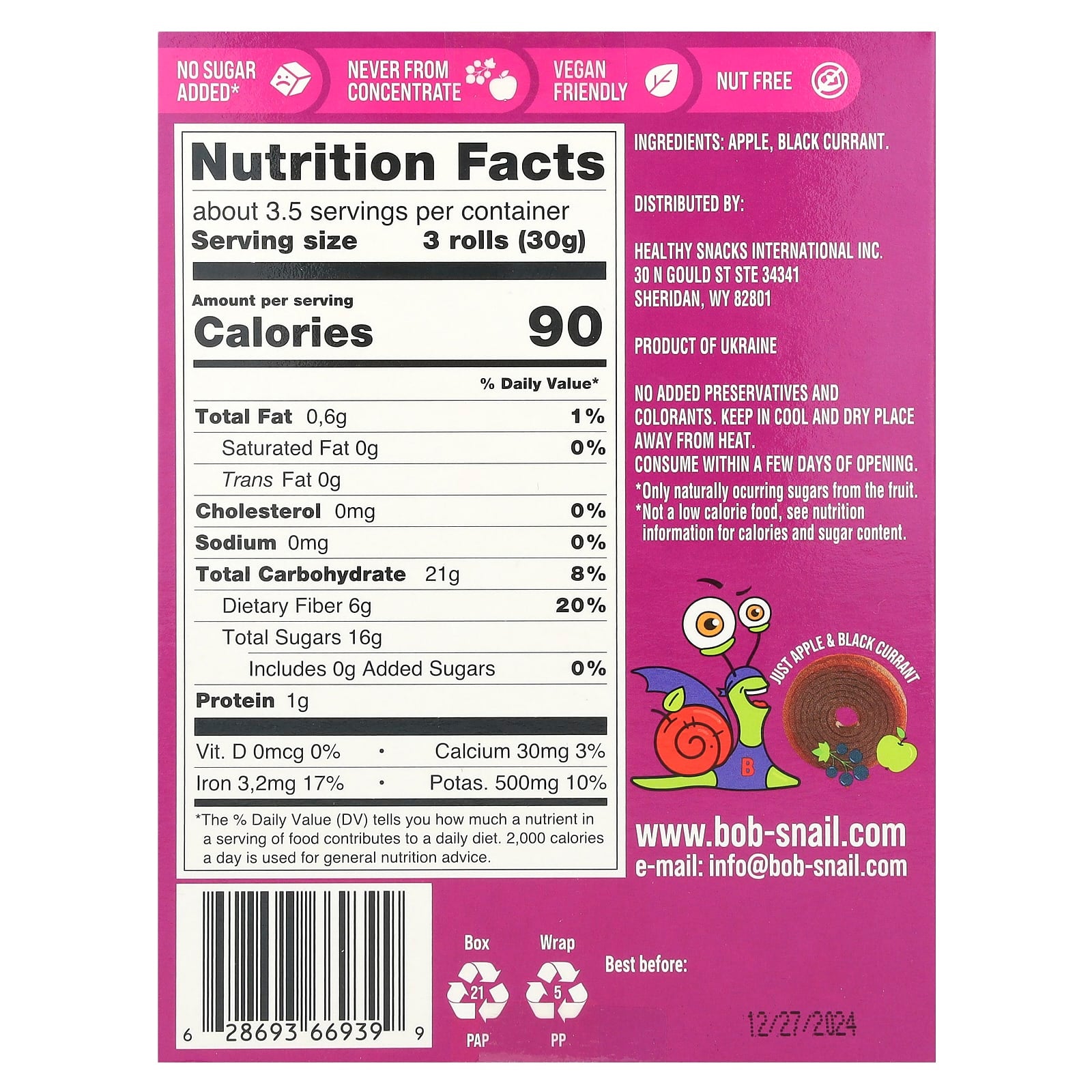 Bob Snail Apple-Black Currant Fruit Rolls, 10x 0.35 oz, Vegan & Non-GMO - Image 2