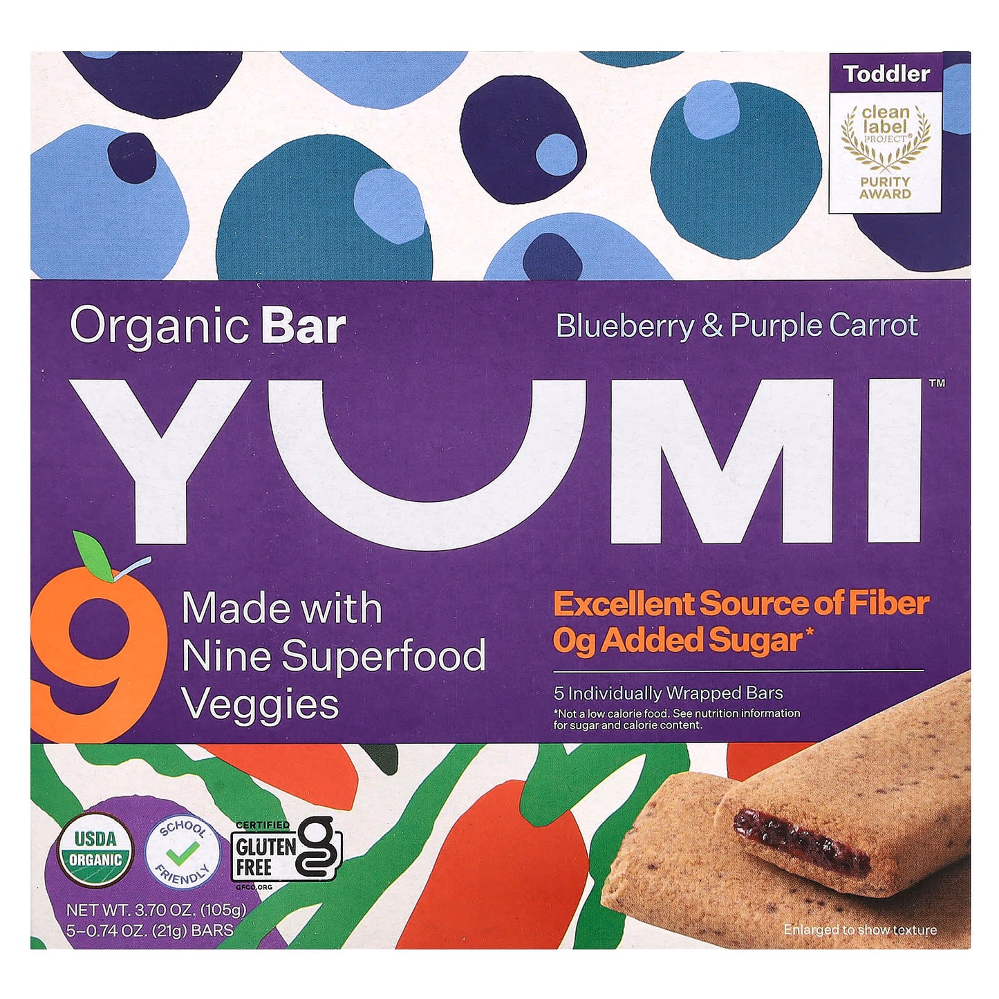 Yumi, Organic Bar, Toddler, Blueberry & Purple Carrot, 5 Bars, 0.74 oz (21 g) Each - Image 1