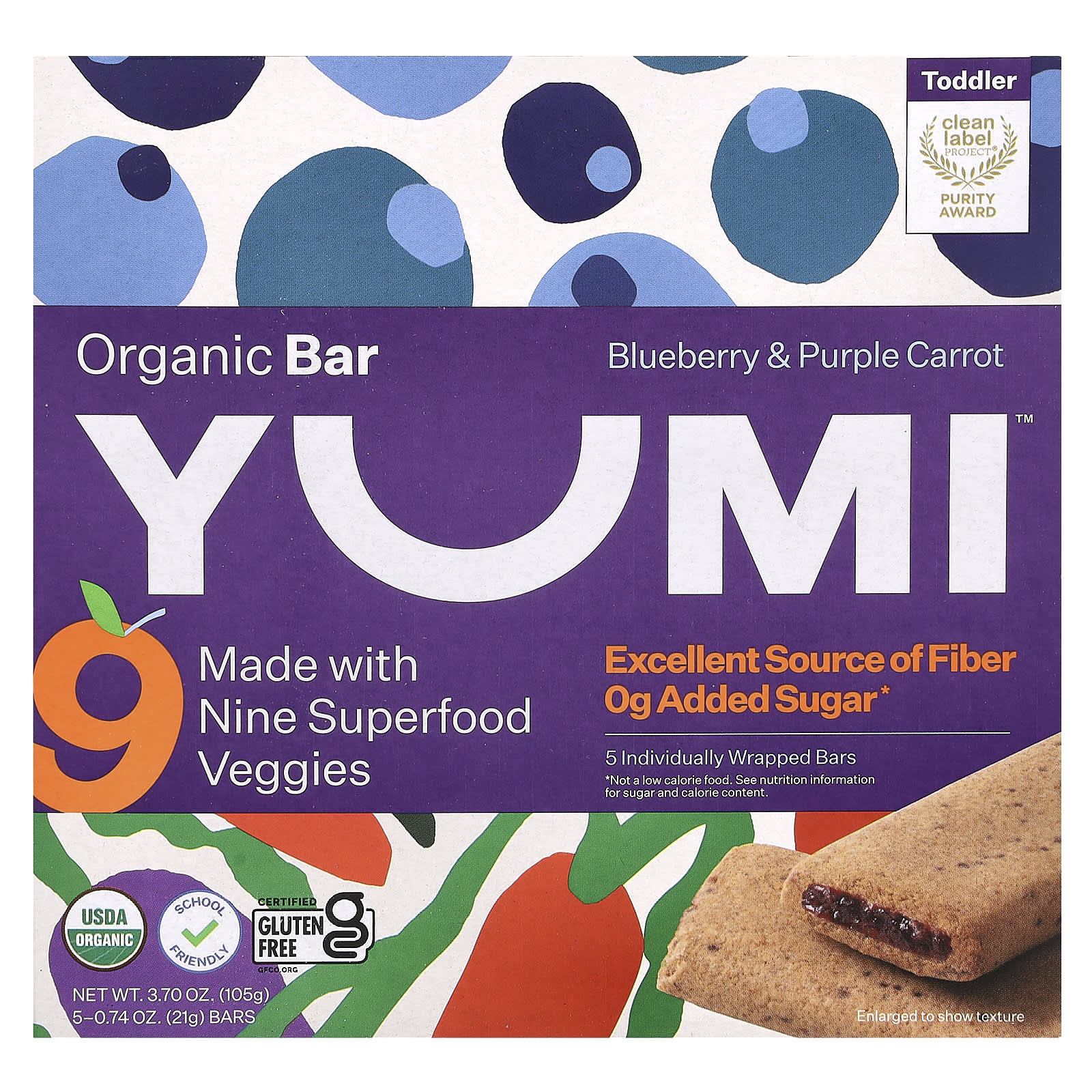 Yumi, Organic Bar, Toddler, Blueberry & Purple Carrot, 5 Bars, 0.74 oz (21 g) Each - Image 1