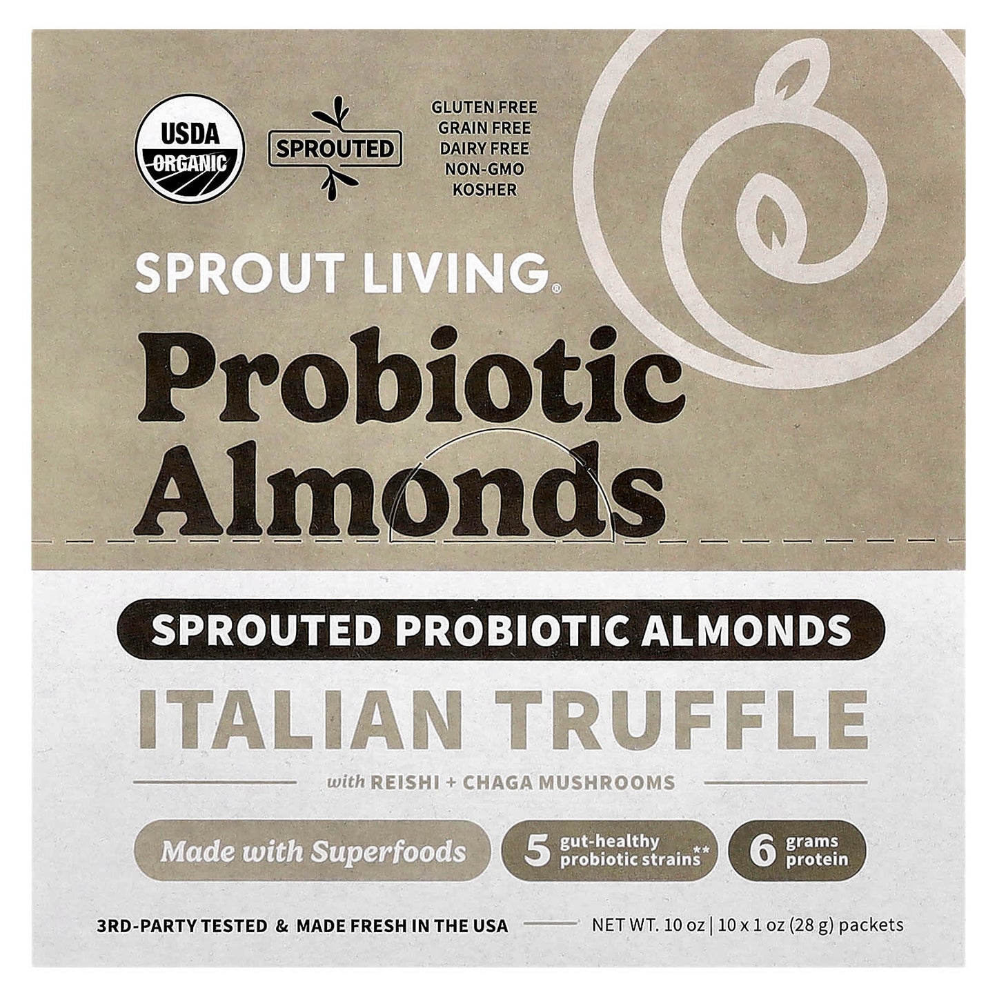 Sprout Living, Probiotic Almonds, Italian Truffle with Reishi + Chaga Mushrooms , 10 Packets, 1 oz (28 g) Each - Image 1