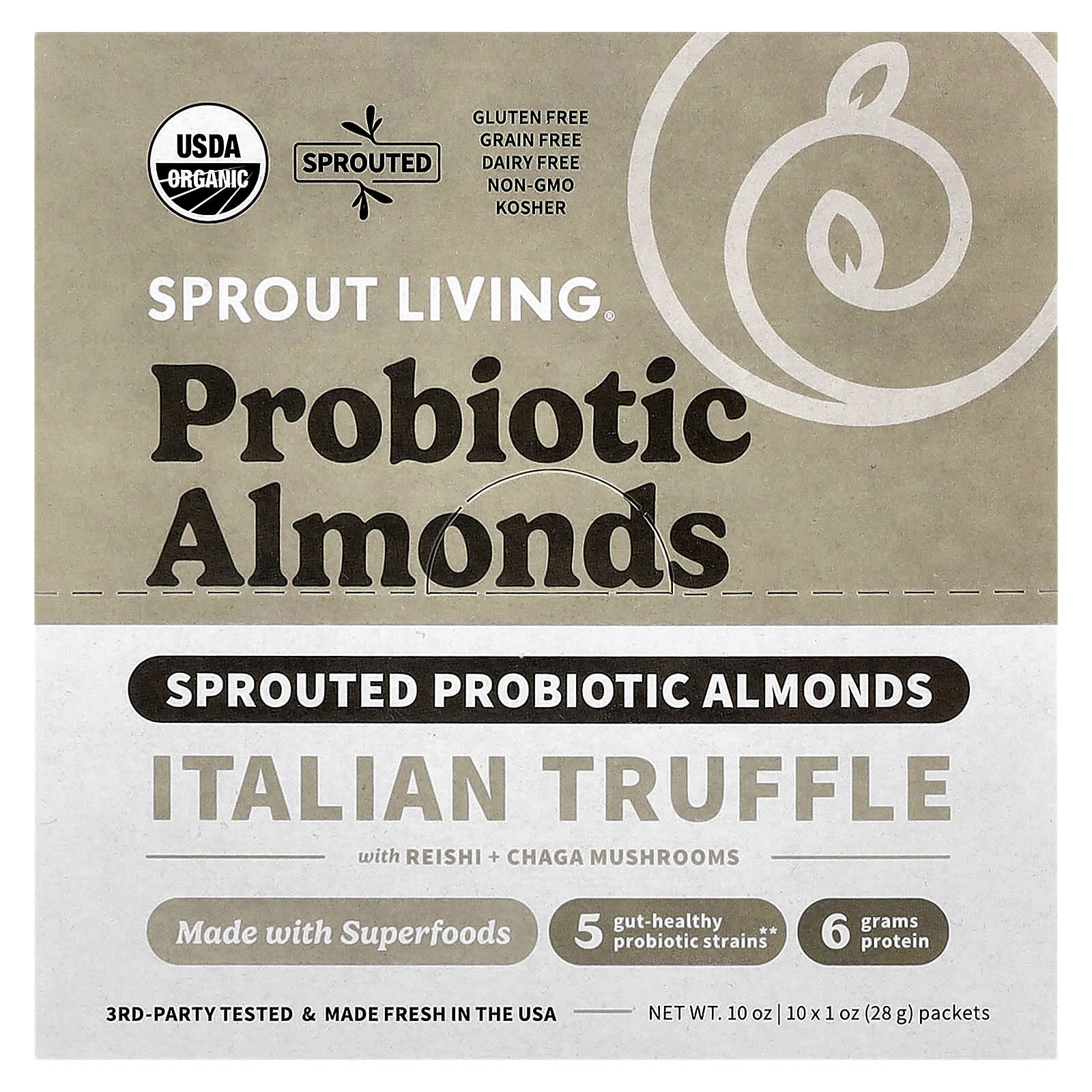 Sprout Living, Probiotic Almonds, Italian Truffle with Reishi + Chaga Mushrooms , 10 Packets, 1 oz (28 g) Each - Image 1