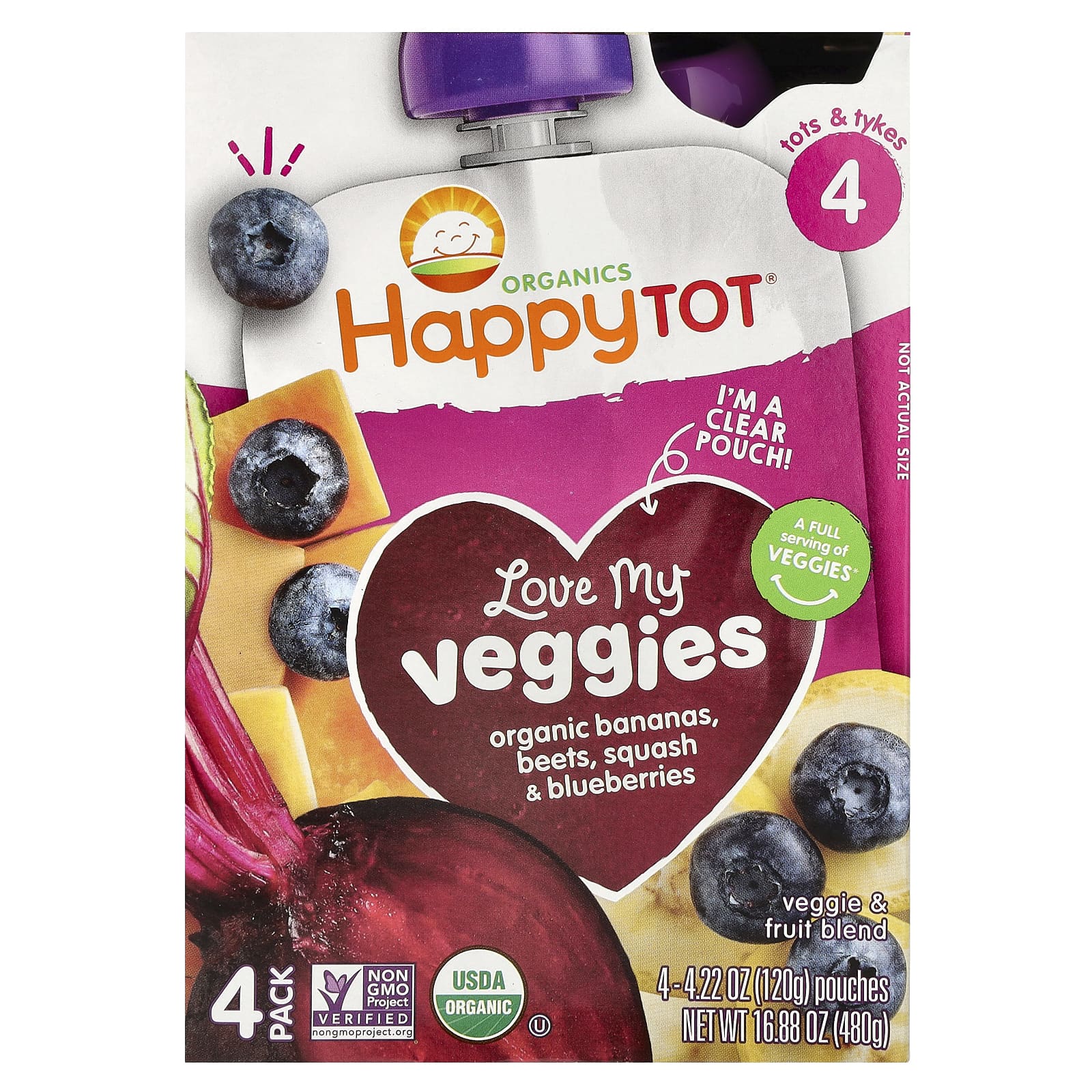 Happy Family Organics Stage 4 Veggie & Fruit Blend Pouches, 4.22 oz (120g) - 4 Pouches - Image 1