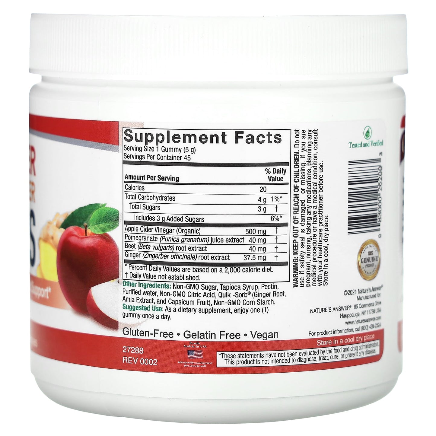Nature's Answer, Apple Cider Vinegar + Ginger Gummies with The Mother, 500 mg, 45 Pectin Gummies - Image 2