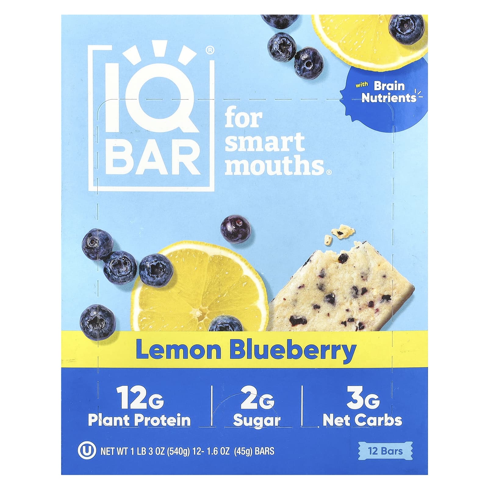 Boost Brain Power with IQBAR's Plant-Based Protein Bars - Lemon Blueberry - Image 1