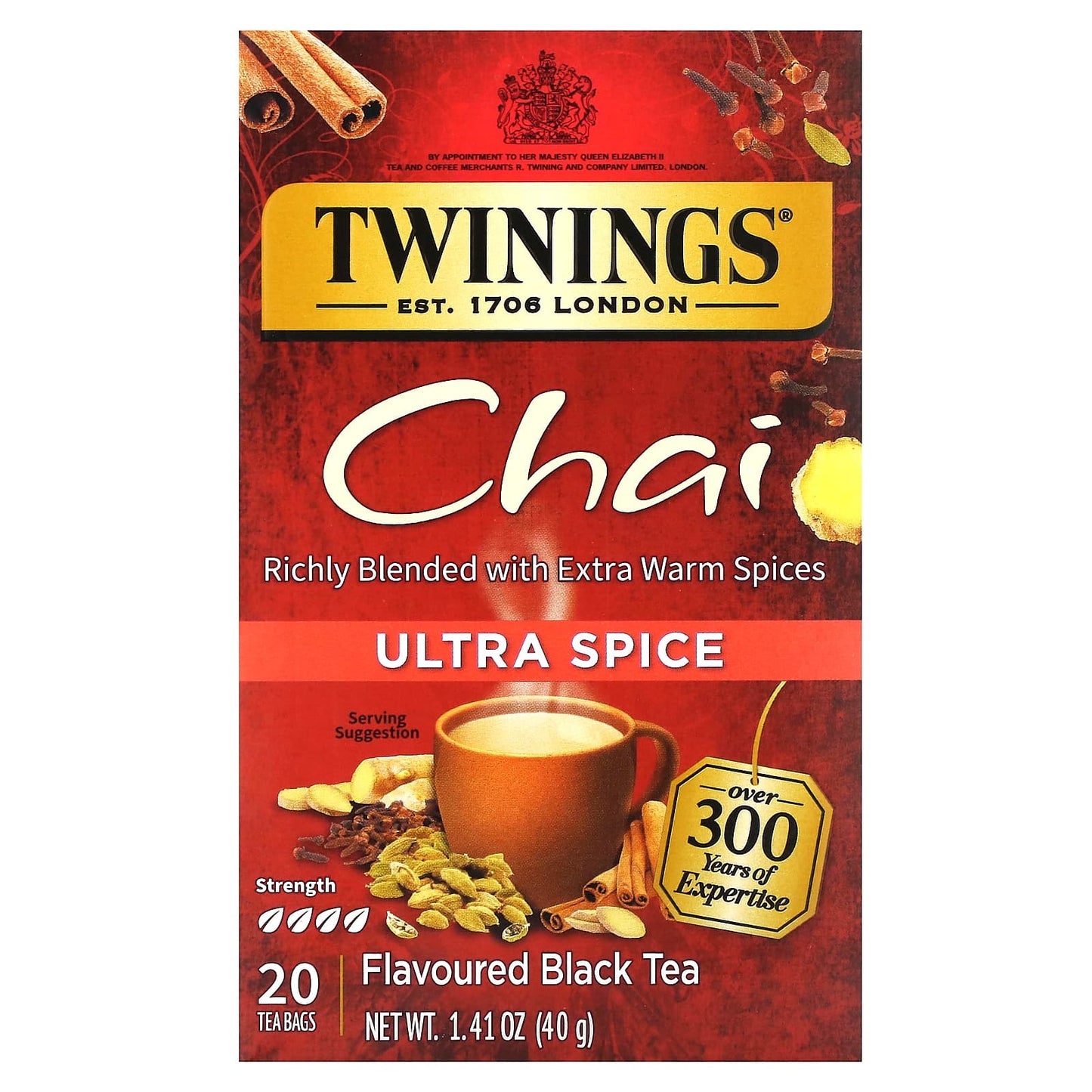 Twinings, Flavored Black Tea, Chai, Ultra Spice , 20 Tea Bags, 1.41 oz (40 g) - Image 1