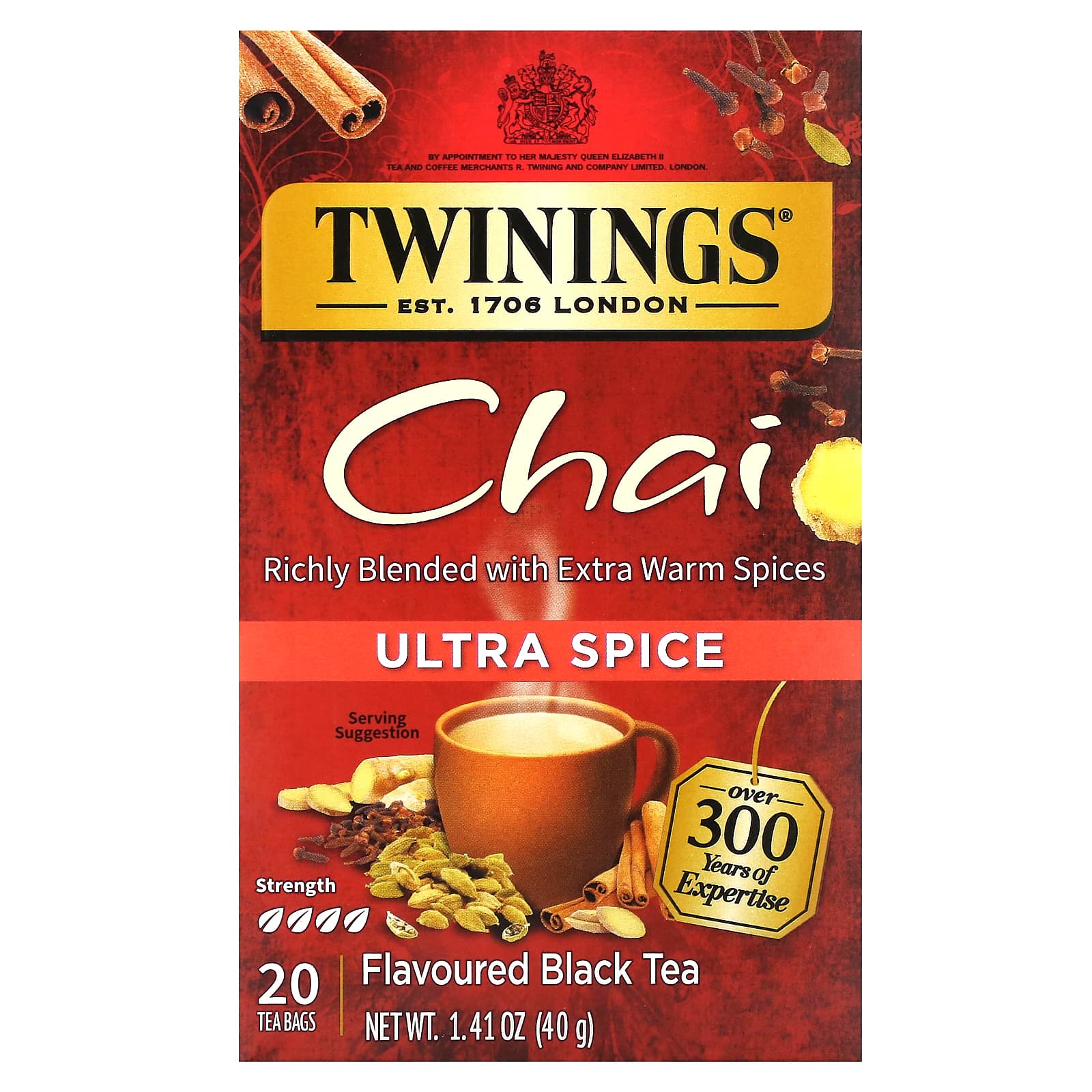 Twinings, Flavored Black Tea, Chai, Ultra Spice , 20 Tea Bags, 1.41 oz (40 g) - Image 1