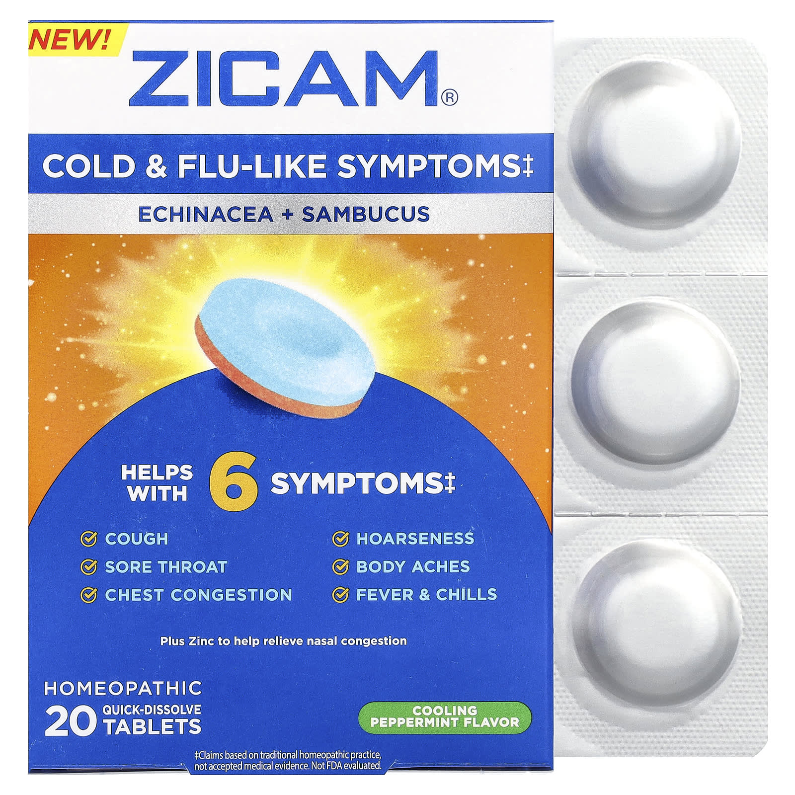 Zicam, Echinacea + Sambucus, Cooling Peppermint, 20 Quick-Dissolve Tablets - Image 1