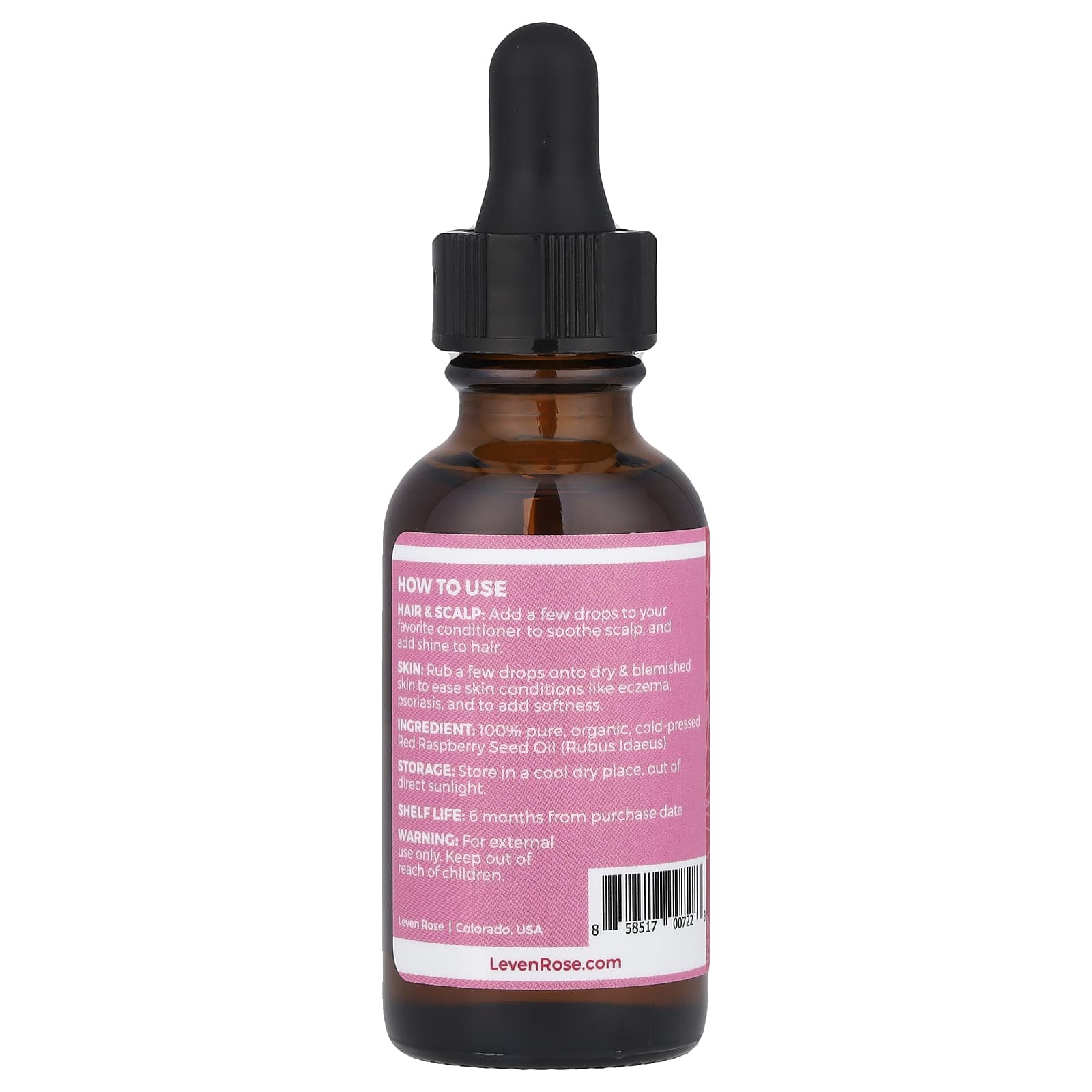 Leven Rose, 100% Pure & Organic, Red Raspberry Seed Oil, 1 fl oz (30 ml) - Image 2