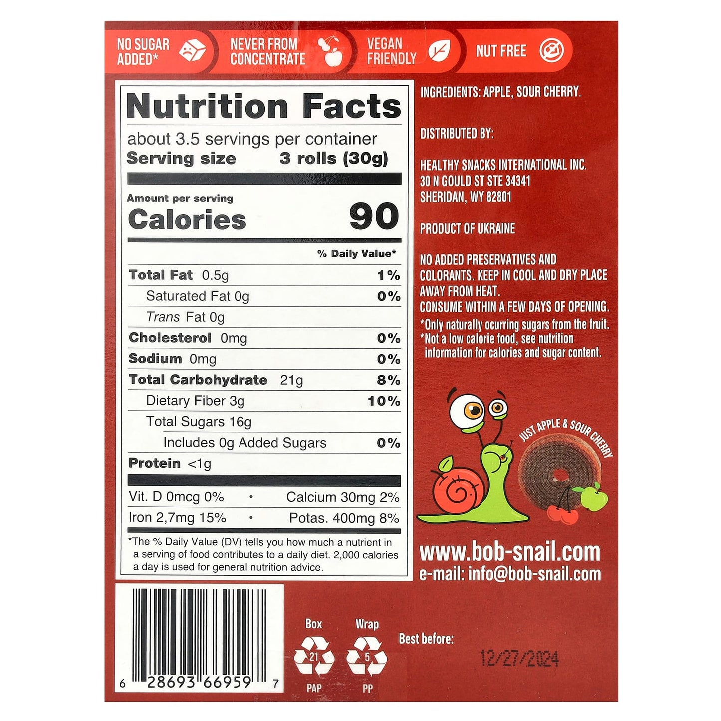 Bob Snail Fruit Rolls - Apple-Sour Cherry, 10 x 0.35 oz Pouches - Image 2