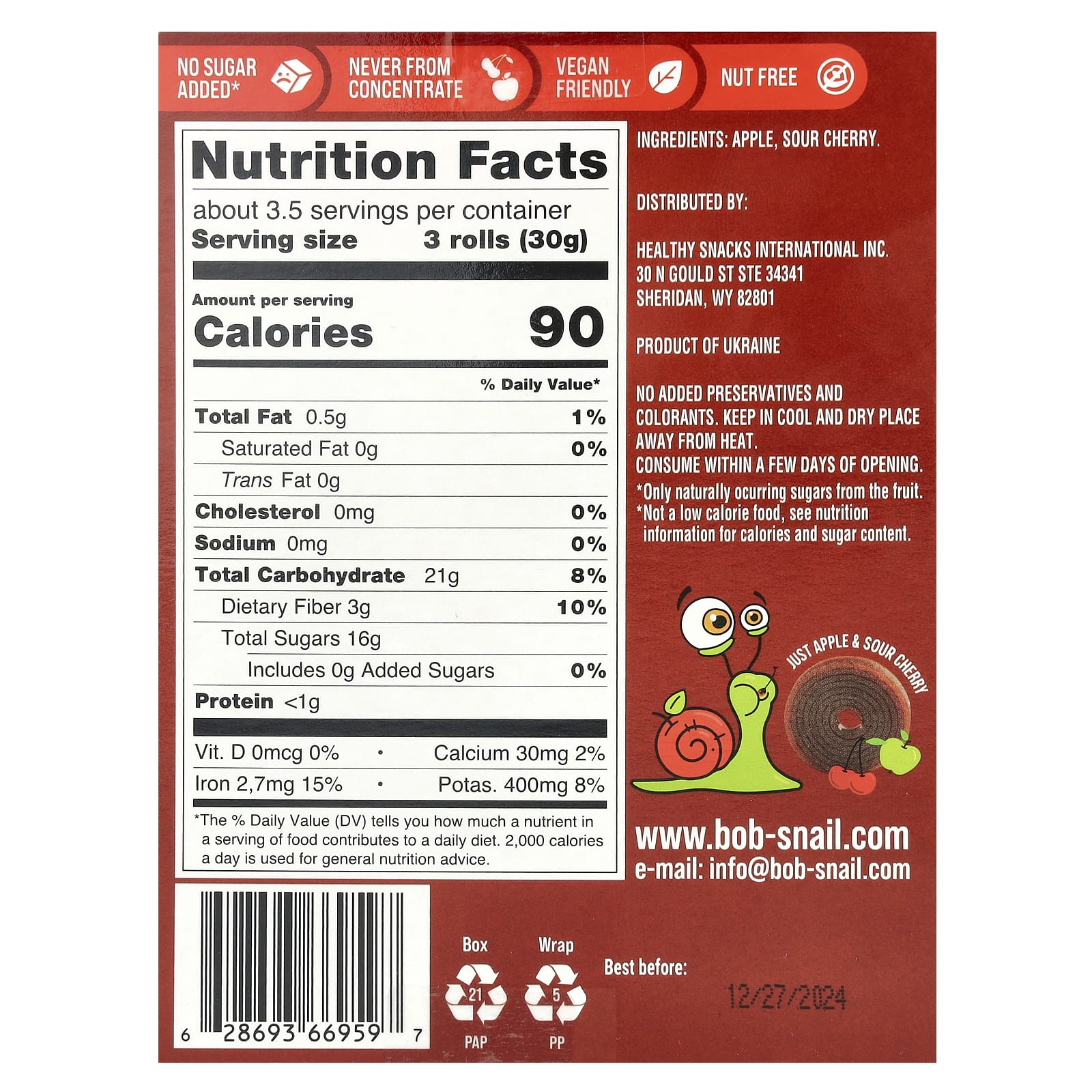 Bob Snail Fruit Rolls - Apple-Sour Cherry, 10 x 0.35 oz Pouches - Image 2