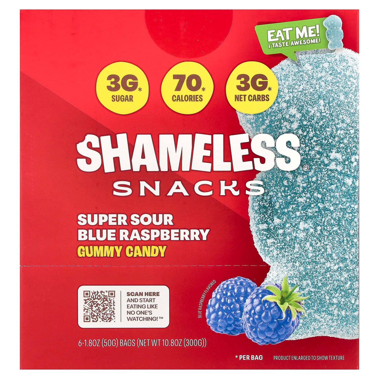Shameless Snacks, Gummy Candy, Super Sour Blue Raspberry, 6 Bags, 1.8 oz (50 g) Each - Image 1