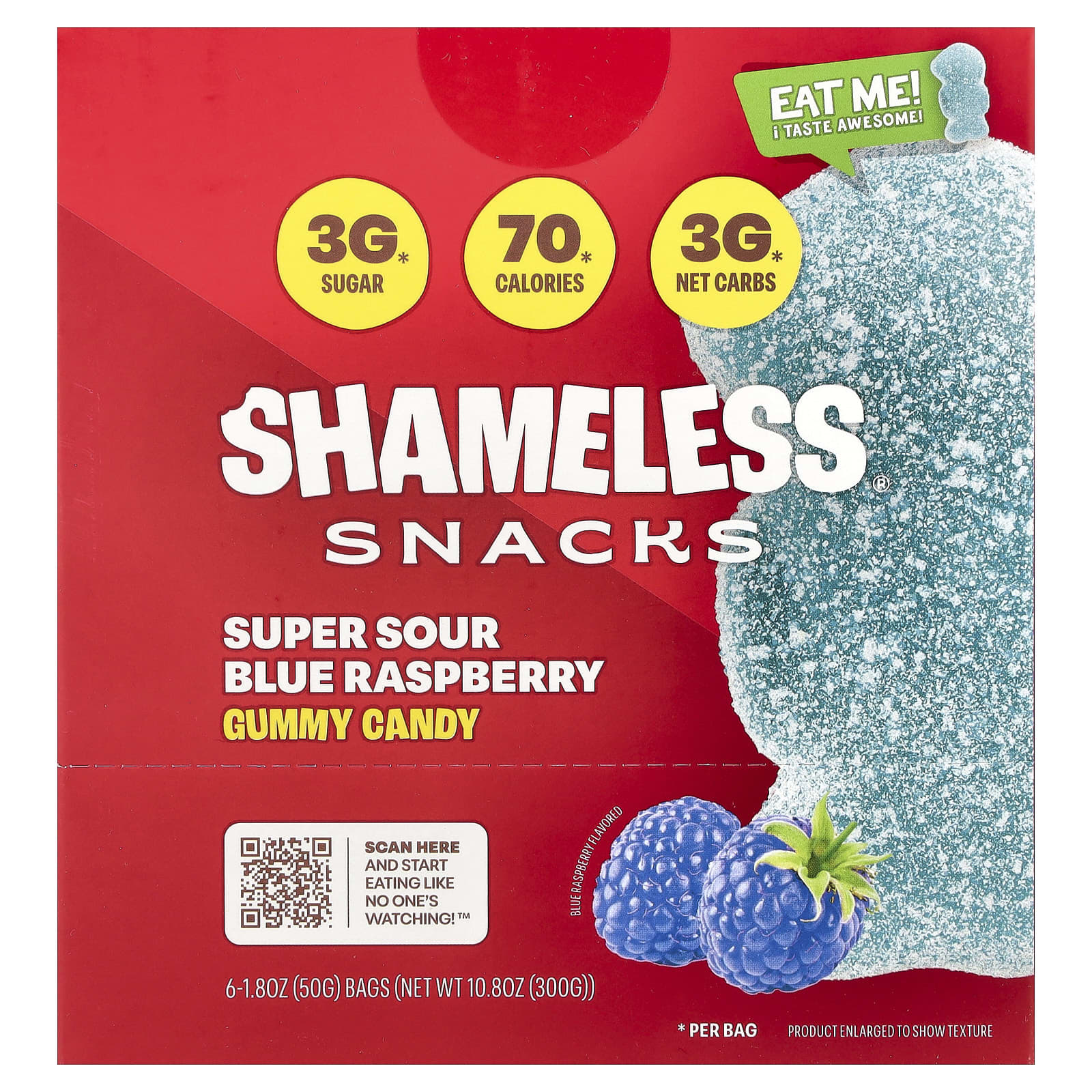 Shameless Snacks, Gummy Candy, Super Sour Blue Raspberry, 6 Bags, 1.8 oz (50 g) Each - Image 1