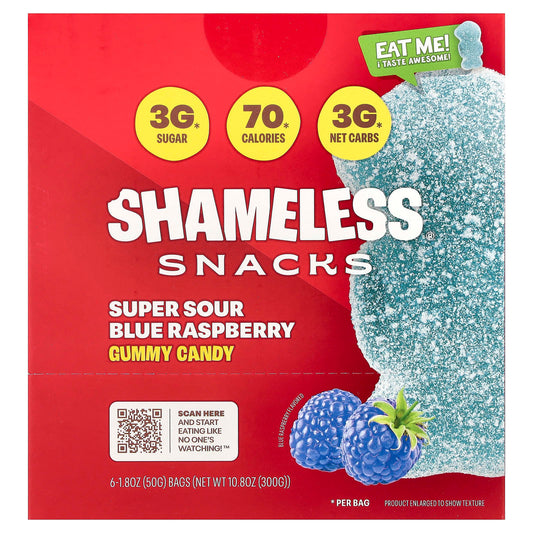 Shameless Snacks, Gummy Candy, Super Sour Blue Raspberry, 6 Bags, 1.8 oz (50 g) Each - Image 1