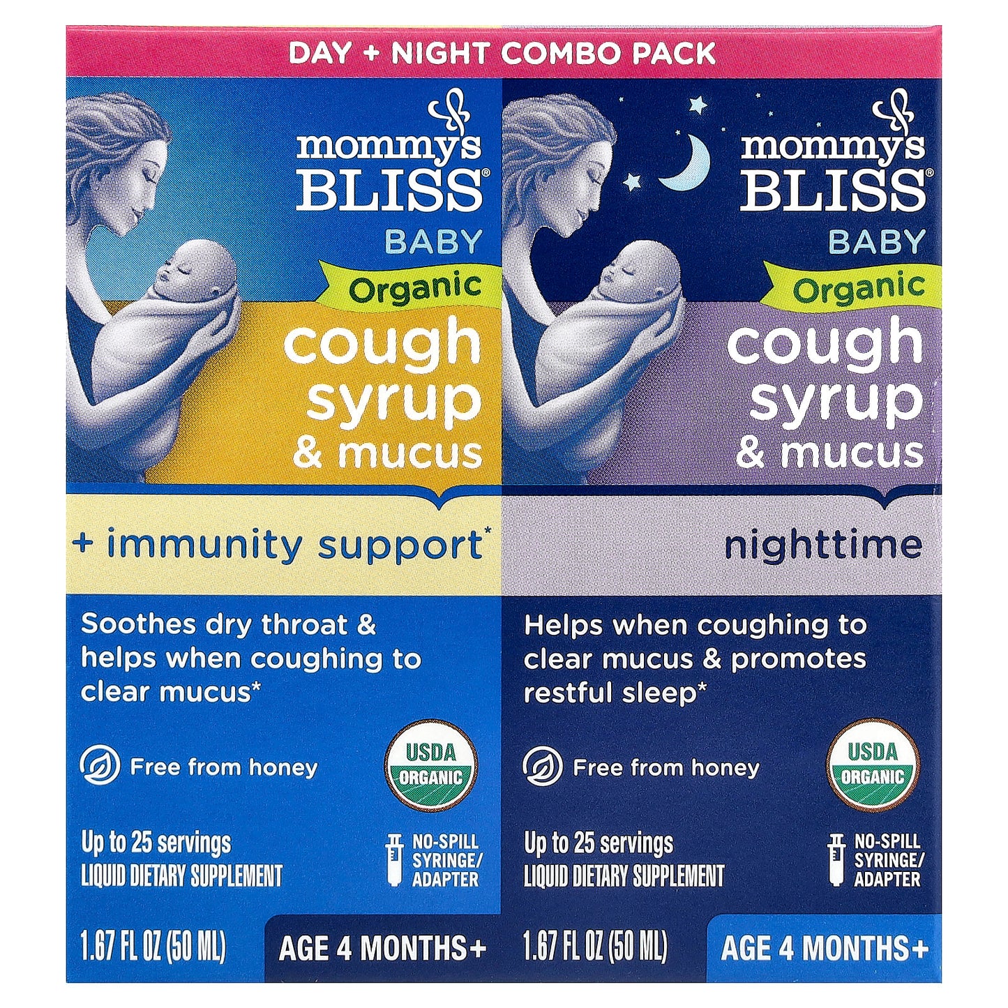Mommy's Bliss, Baby, Organic Cough Syrup & Mucus, Day/Night Pack, Age 4 Months+, 2 Pack, 1.67 fl oz (50 ml) Each - Image 1