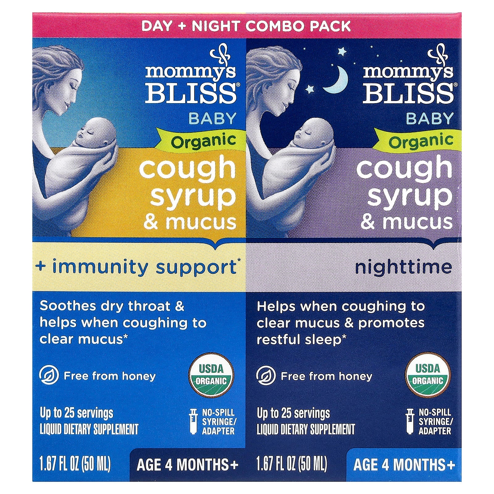 Mommy's Bliss, Baby, Organic Cough Syrup & Mucus, Day/Night Pack, Age 4 Months+, 2 Pack, 1.67 fl oz (50 ml) Each - Image 1