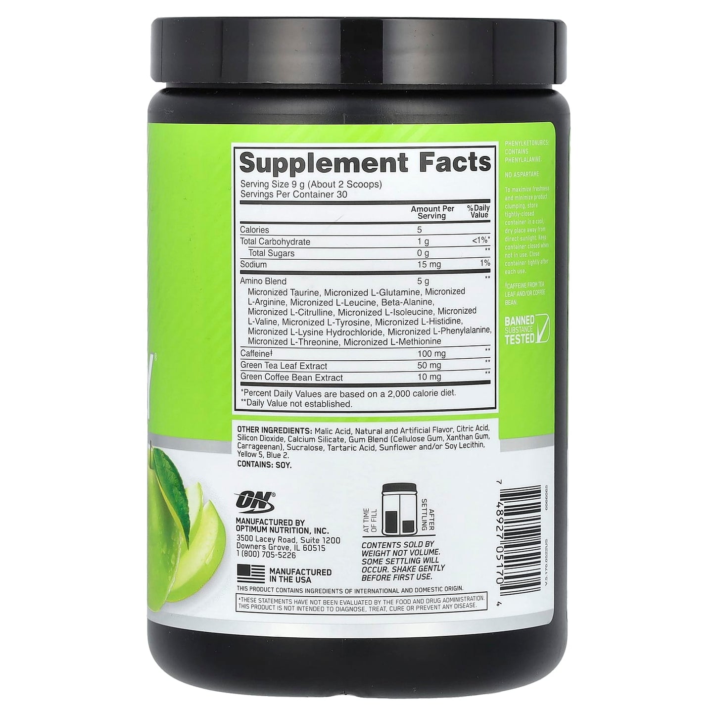 Optimum Nutrition, Essential Amin.O. Energy, Green Apple, 9.5 oz (270 g) - Image 2