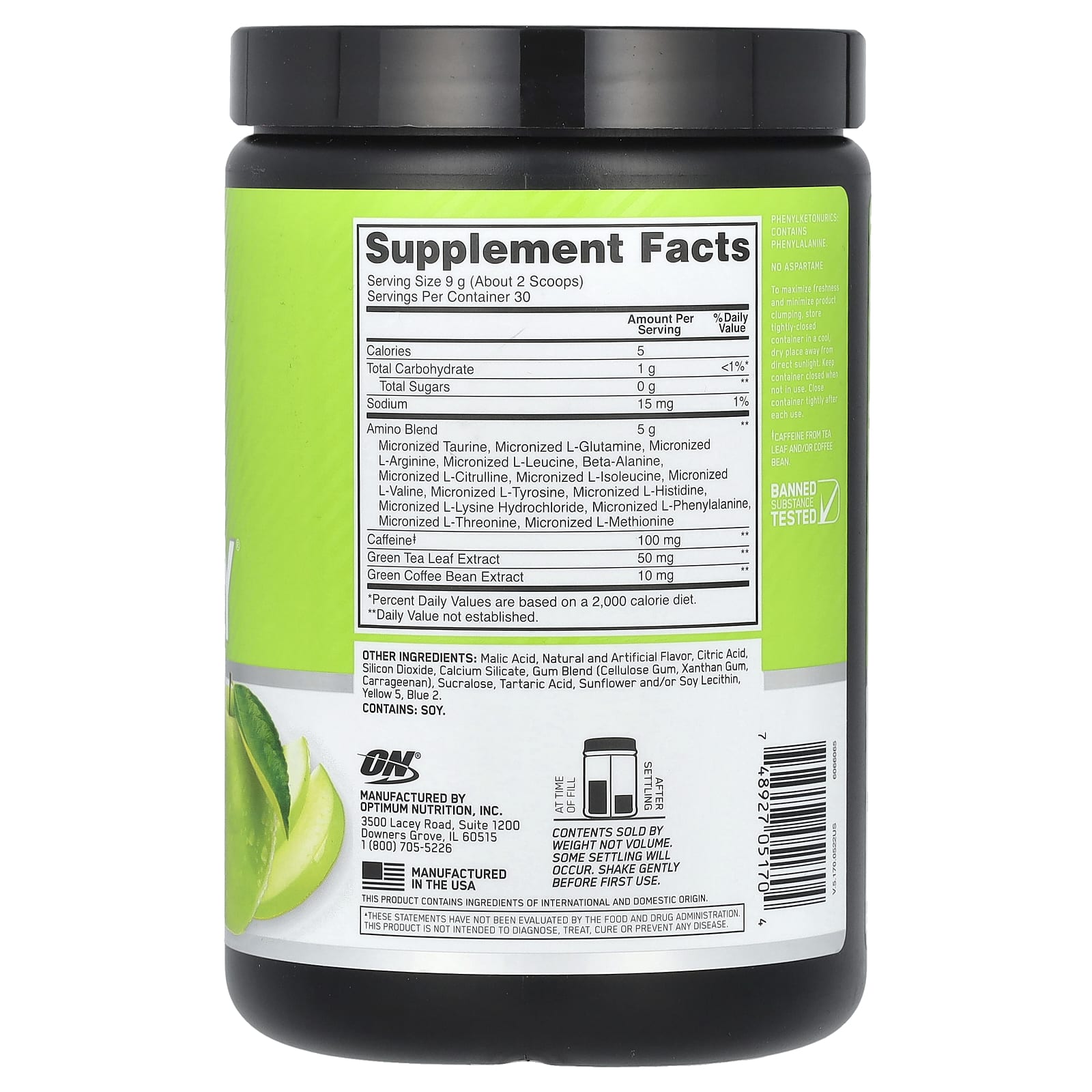 Optimum Nutrition, Essential Amin.O. Energy, Green Apple, 9.5 oz (270 g) - Image 2
