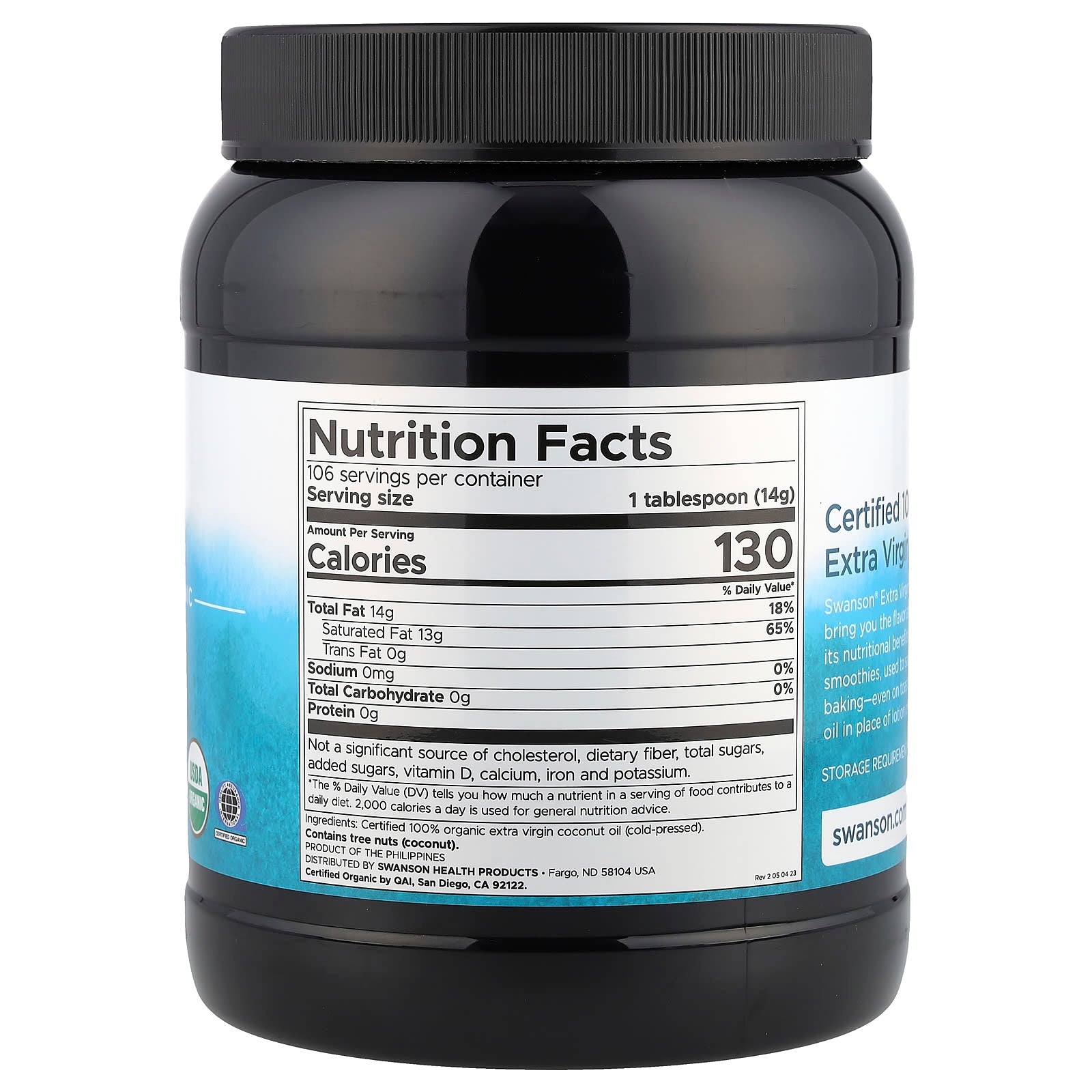 Swanson, Certified 100% Organic Extra Virgin Coconut Oil, 3 lbs 6 oz (1.53 kg) - Image 2