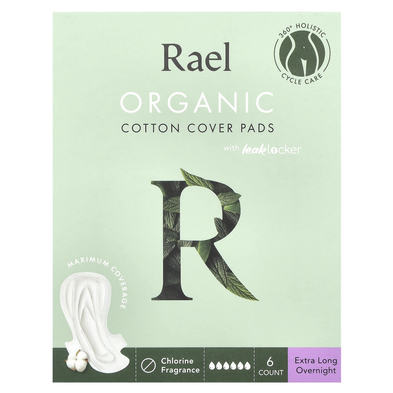 Rael, Organic Cotton Cover Pads, Extra Long Overnight, 6 Count - Image 1