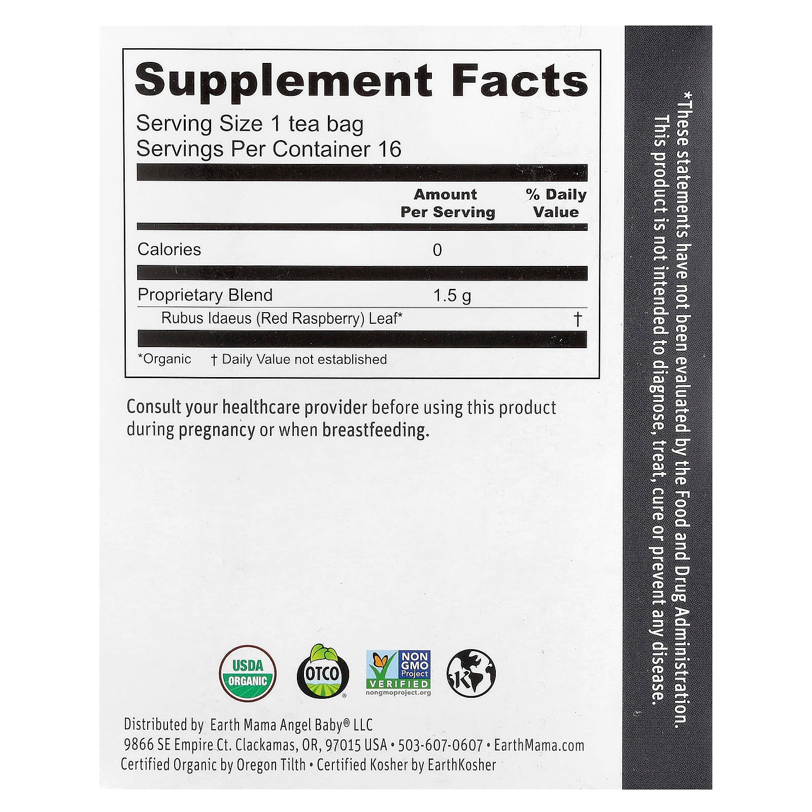 Earth Mama, 100% Organic Raspberry Leaf Tea, Caffeine Free, 16 Tea Bags, 0.84 oz (24 g)