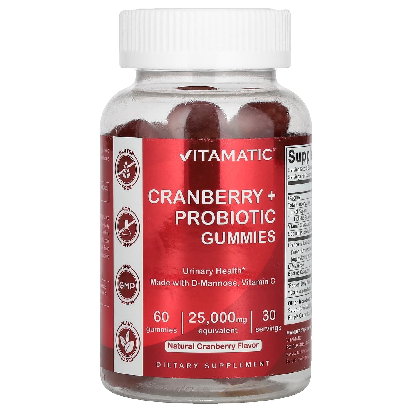 Vitamatic, Cranberry + Probiotic Gummies, Natural Cranberry, 25,000 mg, 60 Gummies (12,500 mg per Gummy) - Image 1