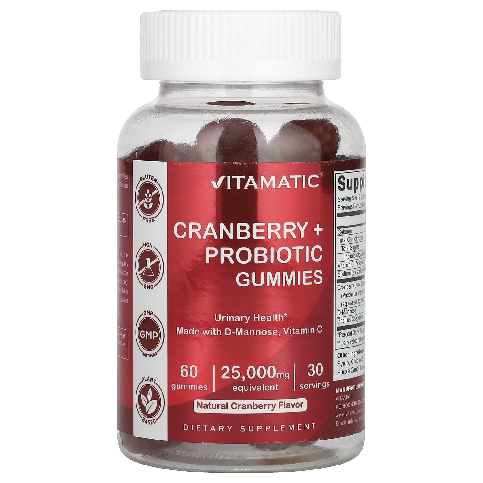 Vitamatic, Cranberry + Probiotic Gummies, Natural Cranberry, 25,000 mg, 60 Gummies (12,500 mg per Gummy) - Image 1