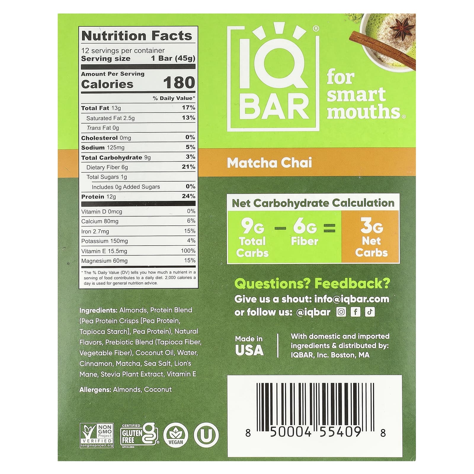 Matcha Chai Plant Protein Bar for Smart Minds with Brain-Boosting Nutrients - Image 2