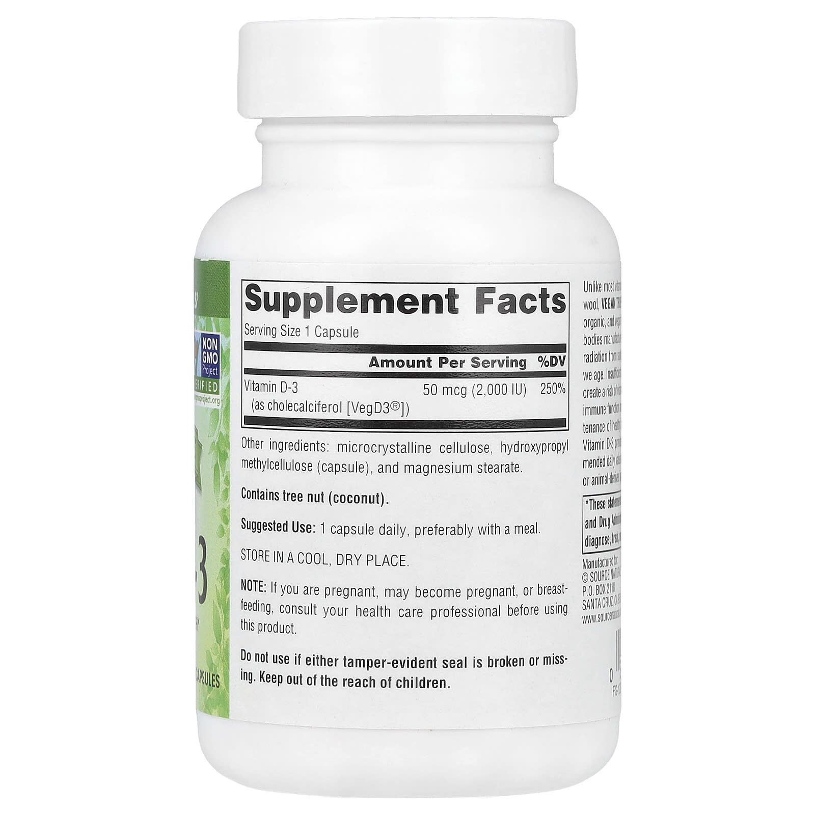 Source Naturals, Vegan True®, Non-GMO Vitamin D-3, 50 mcg (2,000 IU), 120 Vegan Capsules