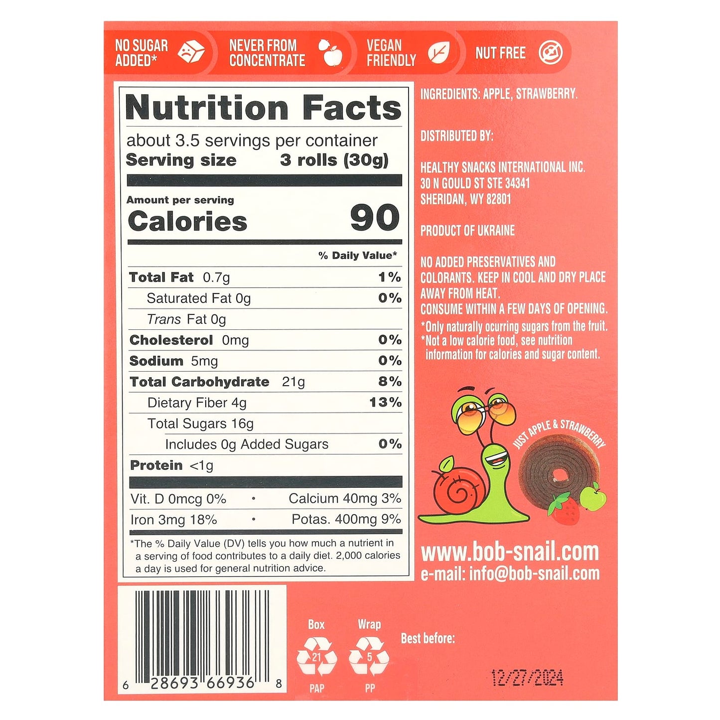 Organic Fruit Rolls by Bob Snail - Apple Strawberry 10 Pack - Image 2