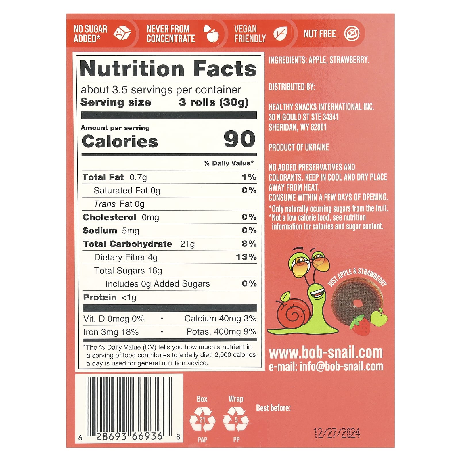 Organic Fruit Rolls by Bob Snail - Apple Strawberry 10 Pack - Image 2