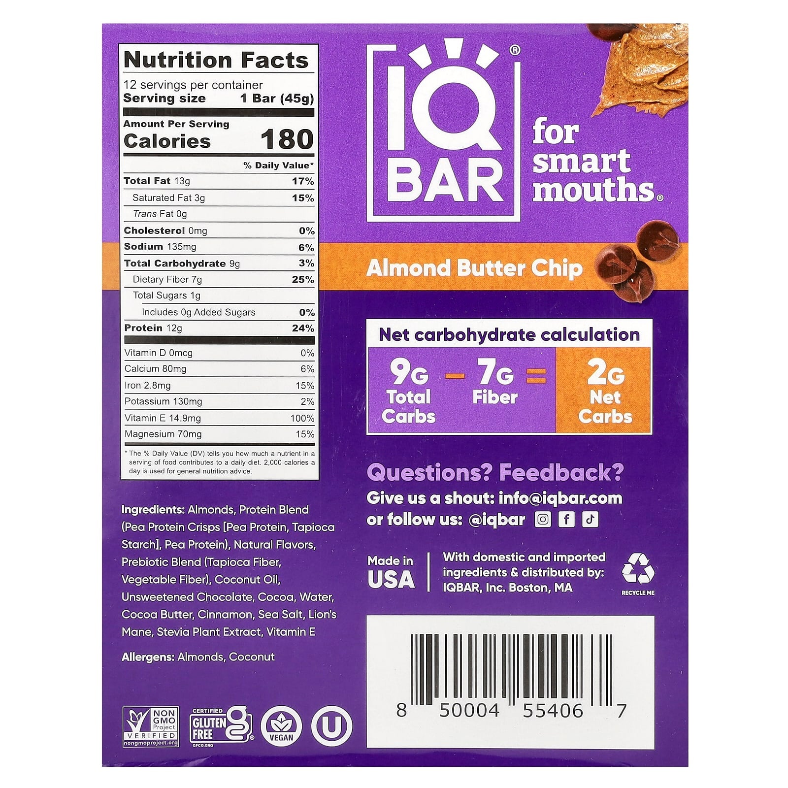 Boost Brain Power with IQBAR Plant-Based Protein Bars - Almond Butter Chip - Image 2