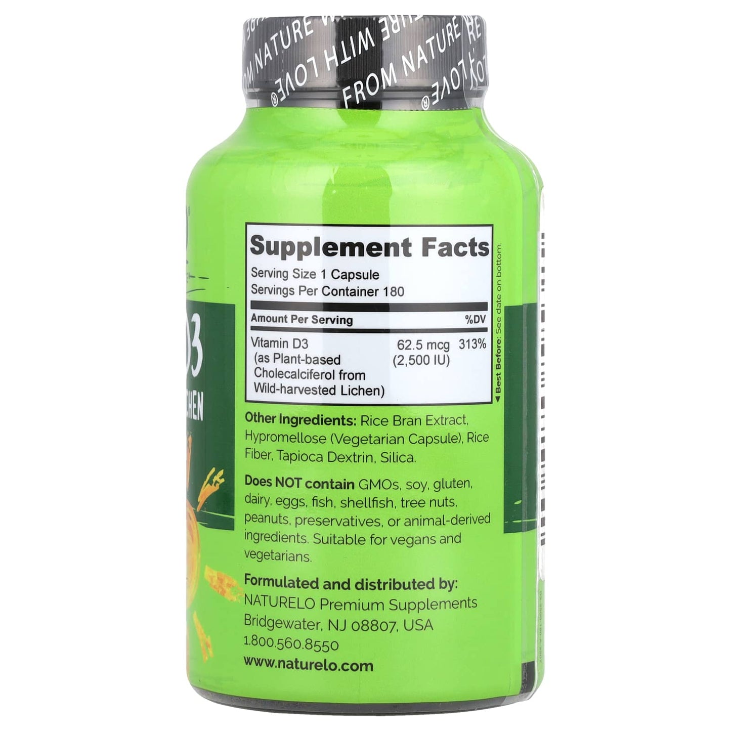 NATURELO, Vitamin D3, 62.5 mcg (2,500 IU), 180 Easy Swallow Capsules - Image 2