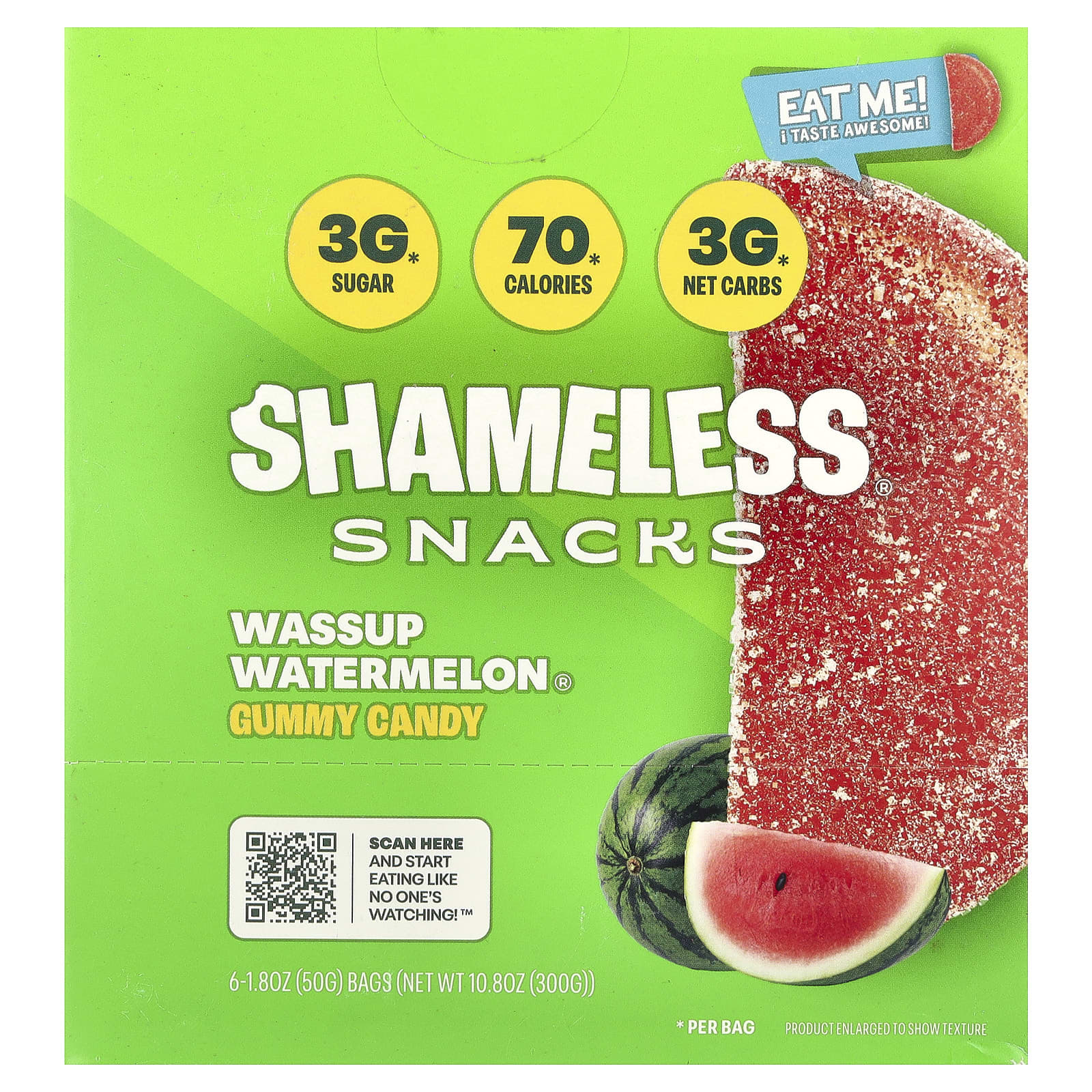 Shameless Snacks, Wassup Watermelon®, Gummy Candy, 6 Bags, 1.8 oz (50 g) Each - Image 1