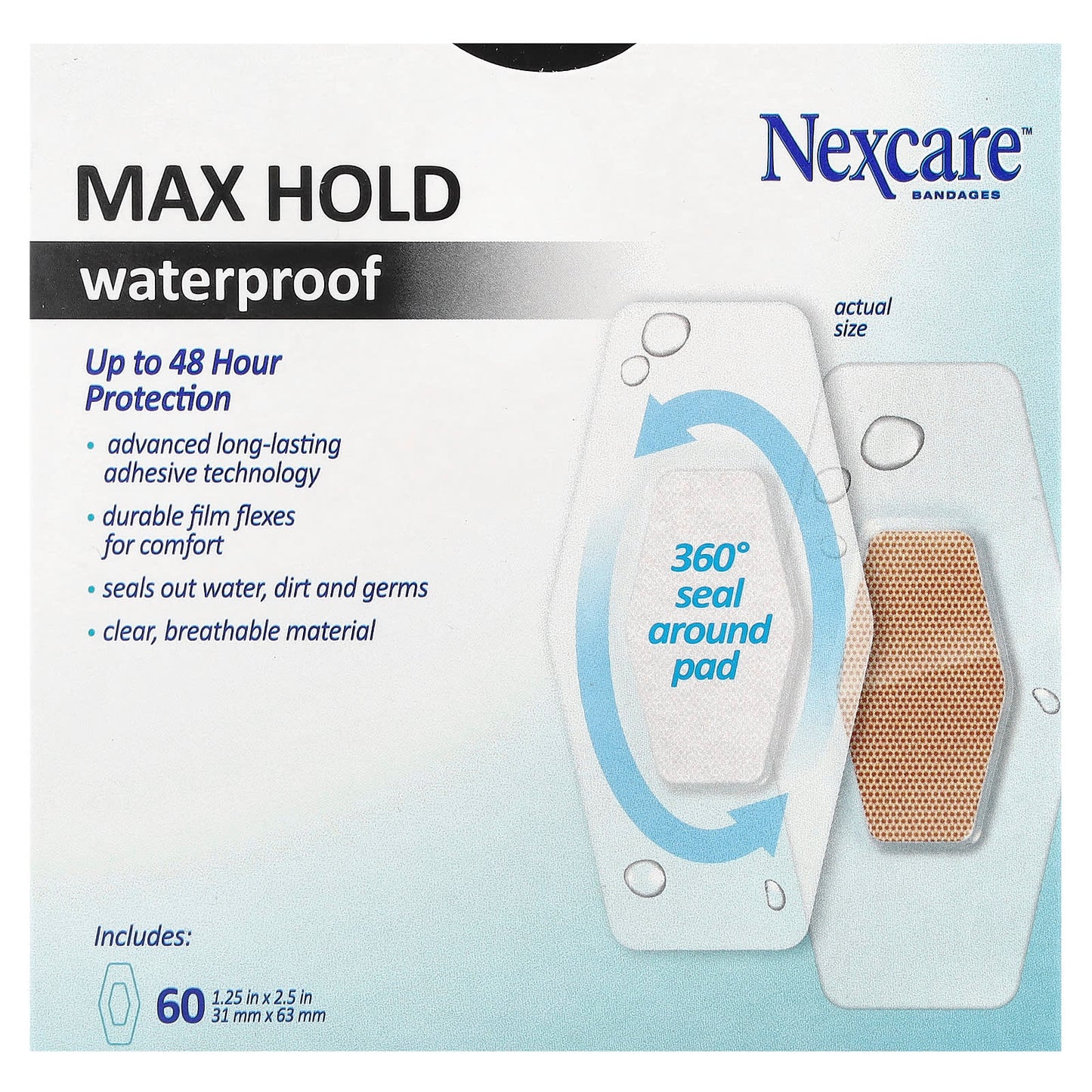Nexcare, Waterproof Bandages, Max Hold, 60 One Size Bandages - Image 2