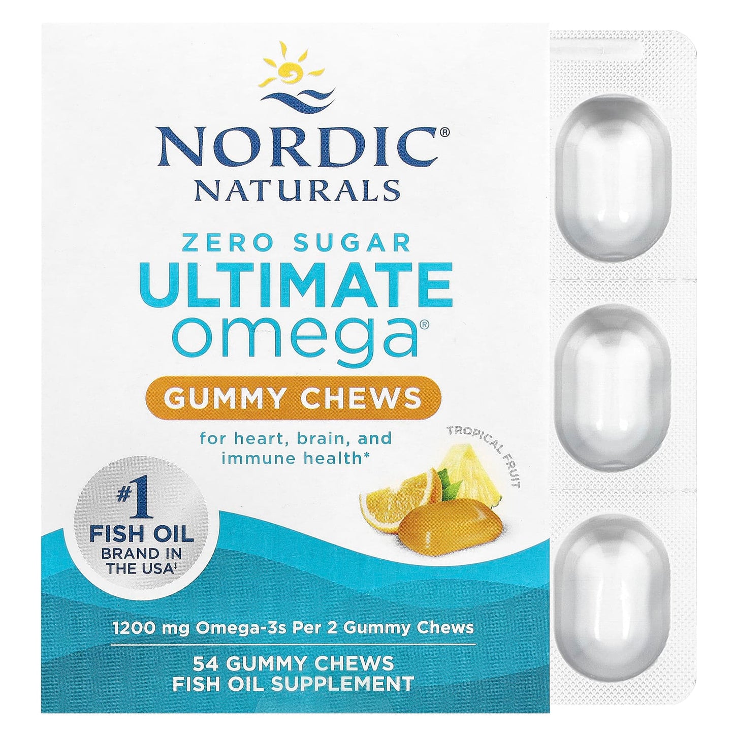 Nordic Naturals, Ultimate Omega® Gummy Chews, Tropical Fruit, 1,200 mg, 54 Gummy Chews (600 mg per Gummy) - Image 1