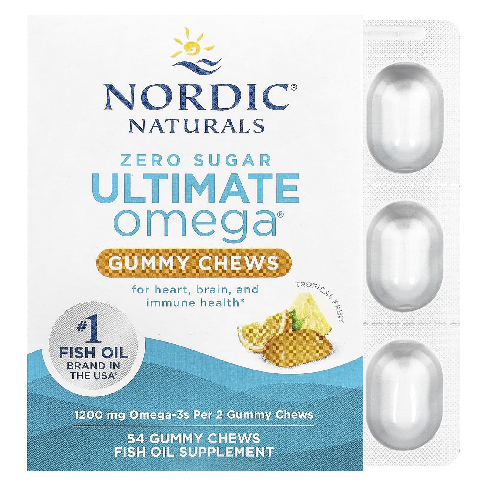 Nordic Naturals, Ultimate Omega® Gummy Chews, Tropical Fruit, 1,200 mg, 54 Gummy Chews (600 mg per Gummy) - Image 1