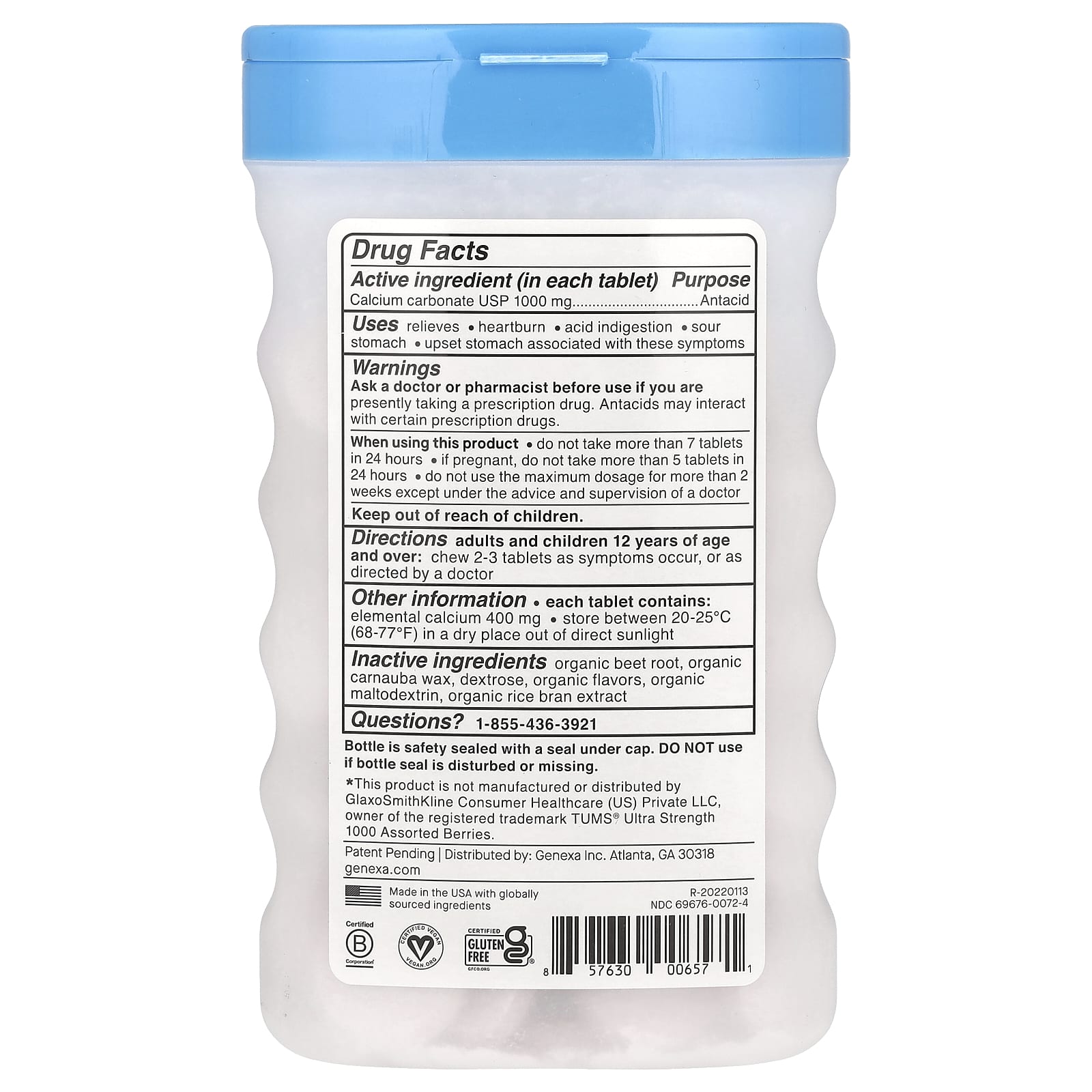 Genexa, Antacid, Maximum Strength, Organic Berry & Vanilla, 1,000 mg, 72 Chewable Tablets