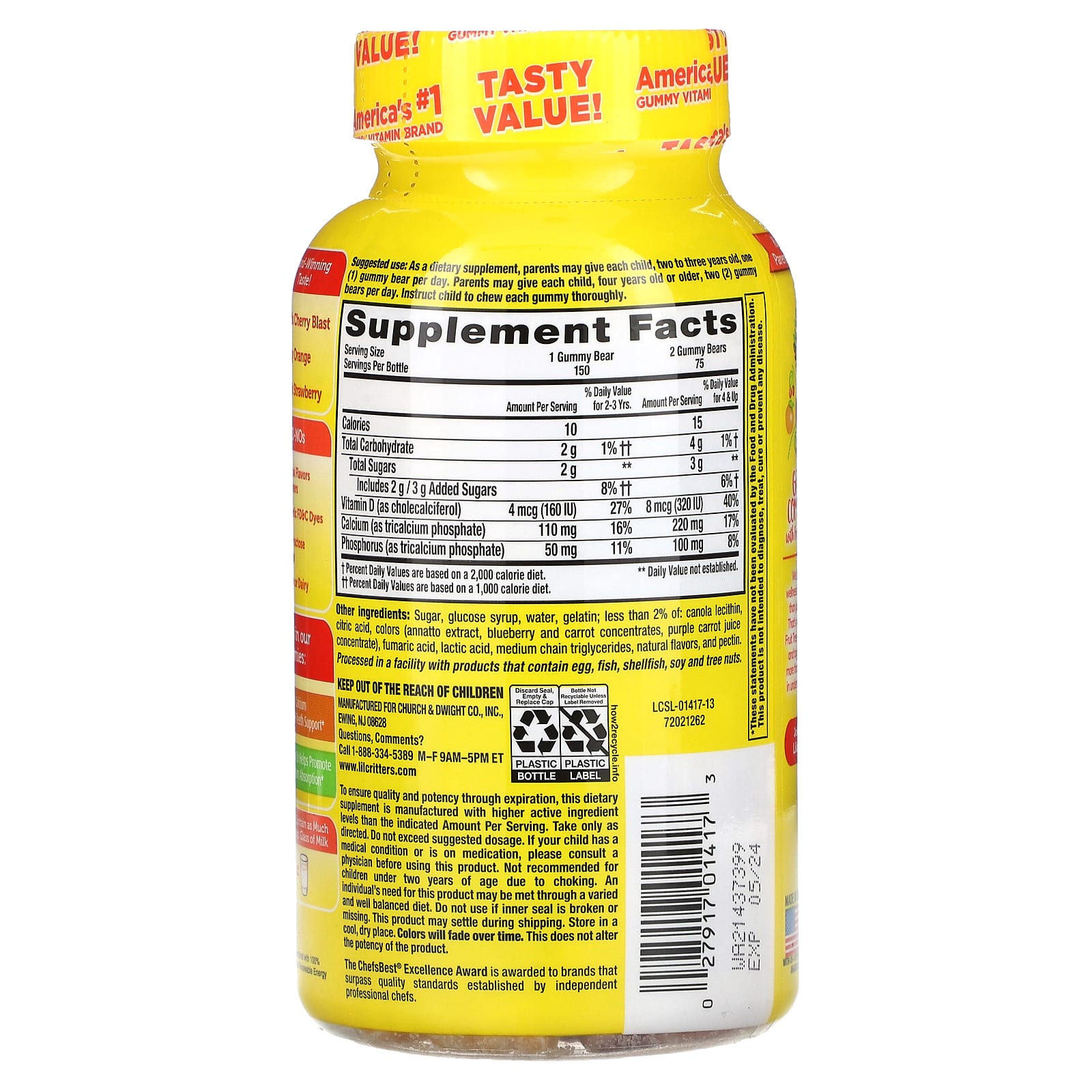 L'il Critters, Calcium + D3, Bone Support Gummies, Black Cherry Blast, Juicy Orange & Fresh Strawberry, 150 Gummies - Image 2