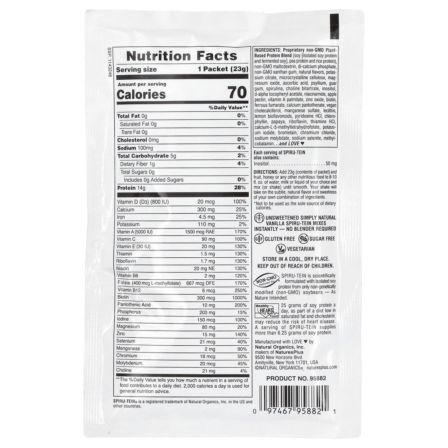 NaturesPlus, Spiru-Tein®, Protein Powder Meal, Unsweetened, Vanilla, 8 Packets, 0.8 oz (23 g) Each - Image 2
