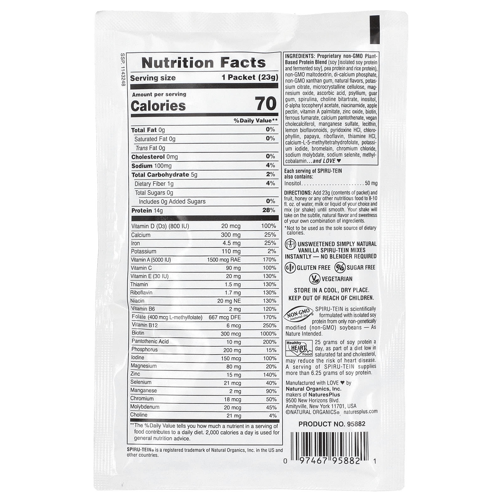 NaturesPlus, Spiru-Tein®, Protein Powder Meal, Unsweetened, Vanilla, 8 Packets, 0.8 oz (23 g) Each - Image 2