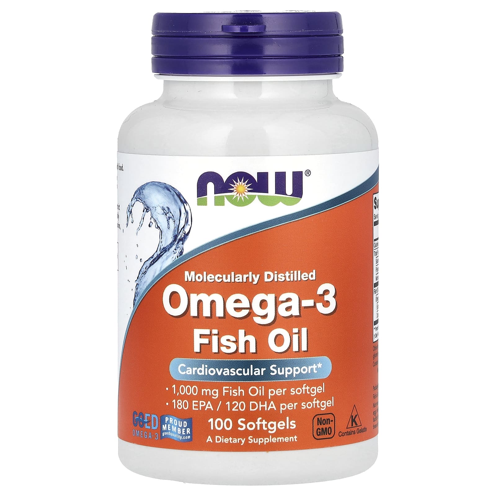 NOW Foods, Omega-3 Fish Oil, 1,000 mg, 180 EPA -  120 DHA, 100 Softgels - Image 1
