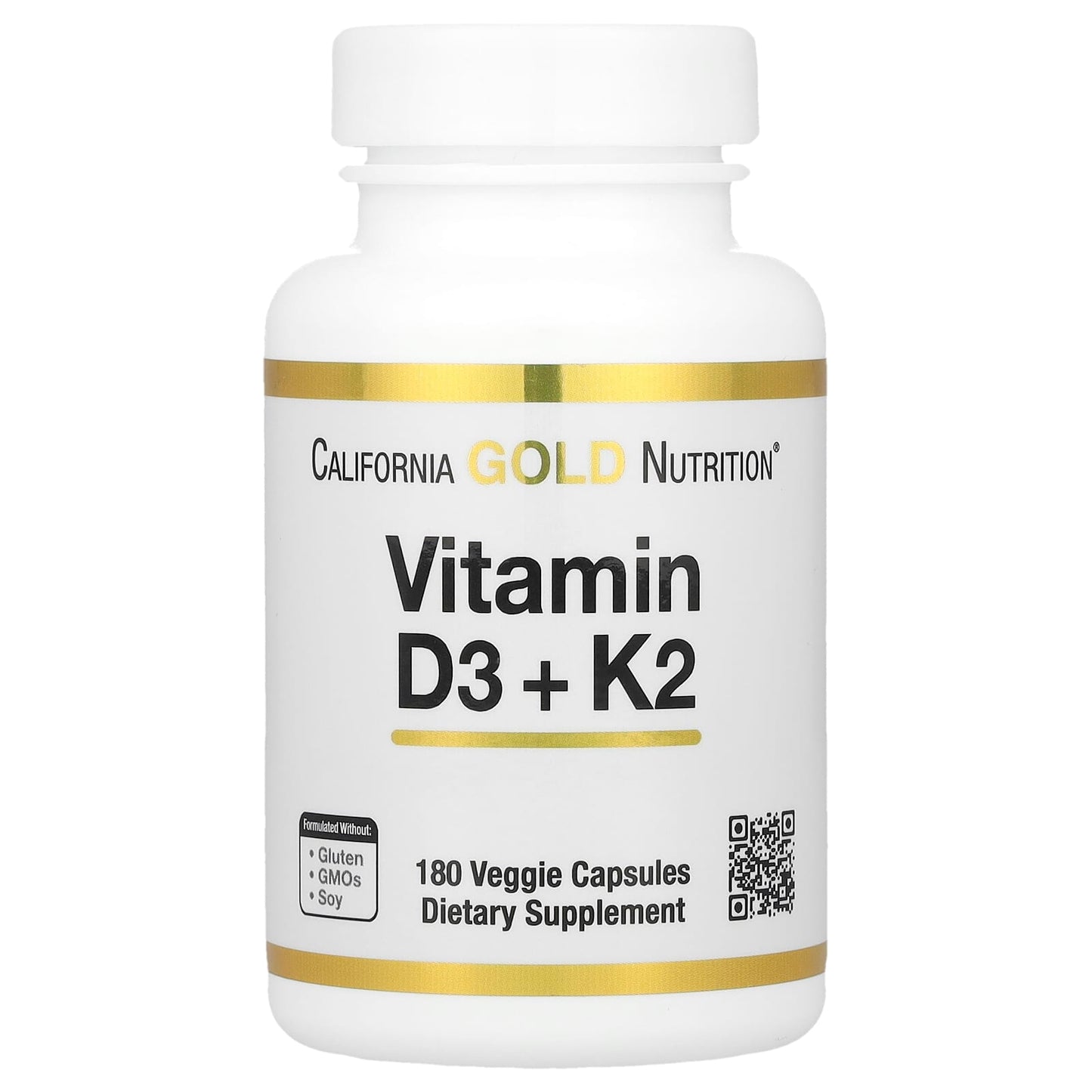 Vitamin D3 + K2 MK-7 Supplement by California Gold Nutrition, 180 Veggie Capsules - Image 1