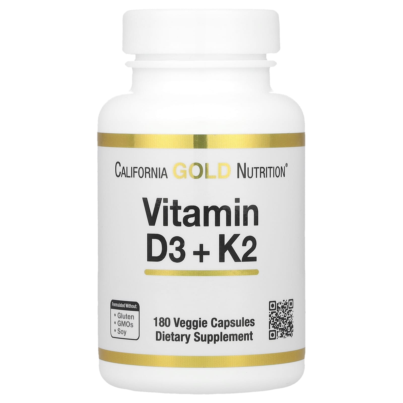 Vitamin D3 + K2 MK-7 Supplement by California Gold Nutrition, 180 Veggie Capsules - Image 1